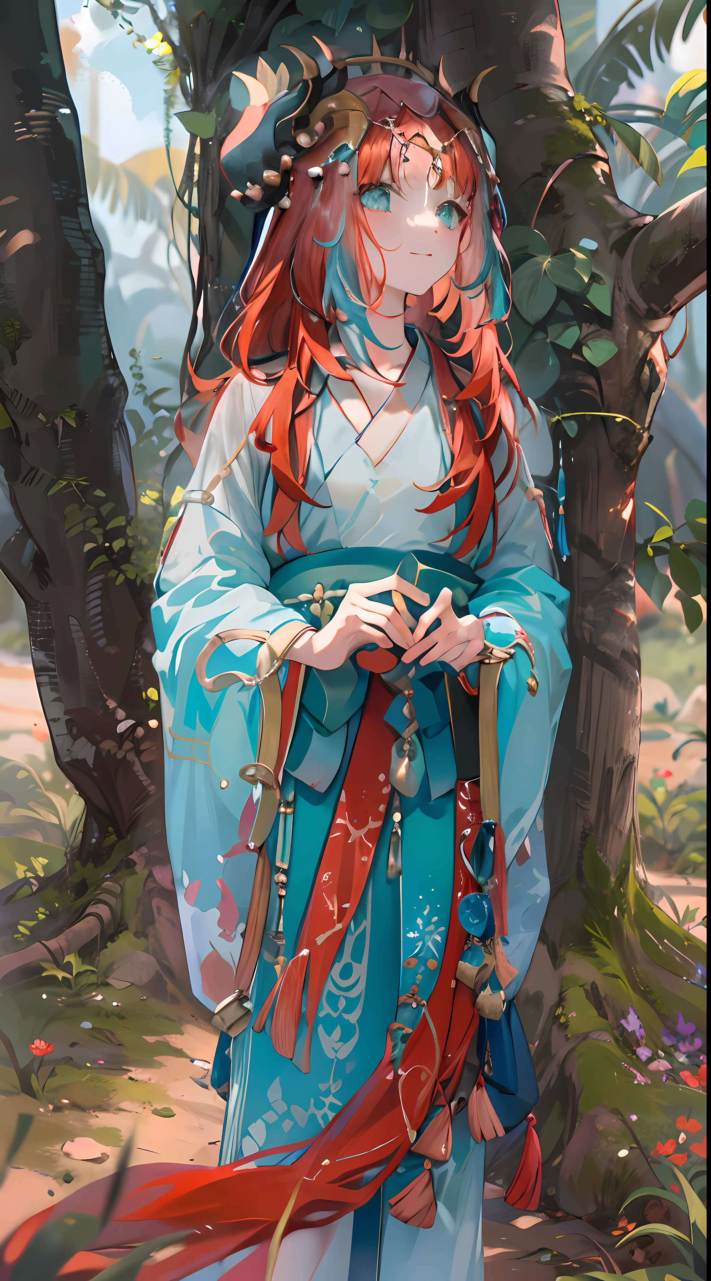 niloudef, ssmile, Be red in the face, exteriors, In the daytime, (Under the Bodhi tree), (((Wear Hanfu))),(Wear turquoise jewelry),blue-sky, Red long-haired, Skysky, looking at viewert, Moody light,