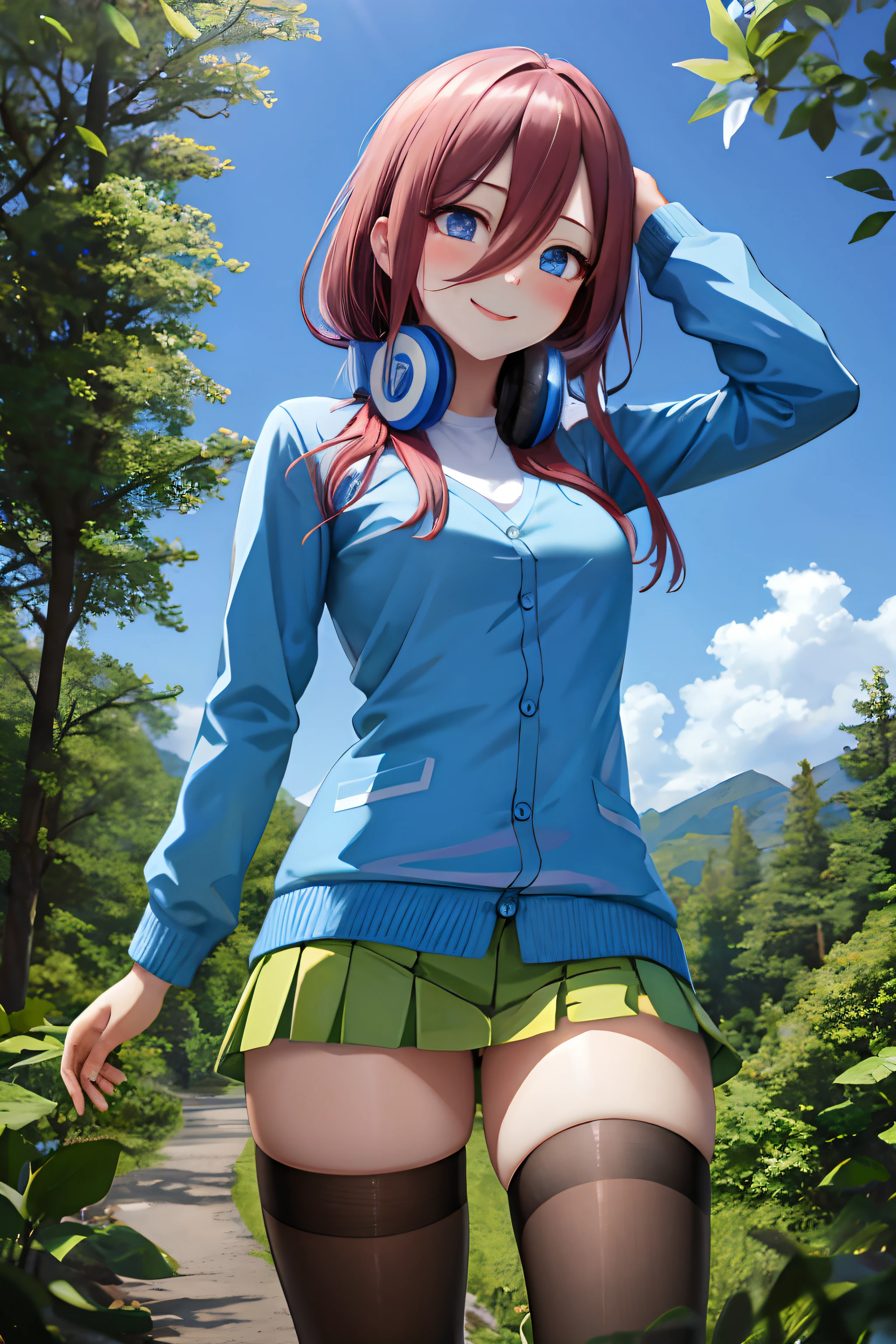 best quality, masterpiece, nice hands, perfect hands, Miku hiking, smile, small breasts, Blue Cardigan, county road,