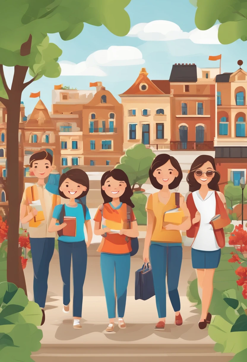 Several students were celebrating, Asian people, , everyday clothes, cartoon character, vectorial, Campus view, Normal body, Average stature, vectorial, Vector graphic art, holding books, Art in vector style, vector art style, Vector adobe illustrator,Vector illustration , Cartoon, lovely art style, Cartoon vector art style, Cute vector art, Cute happy vector illustration
