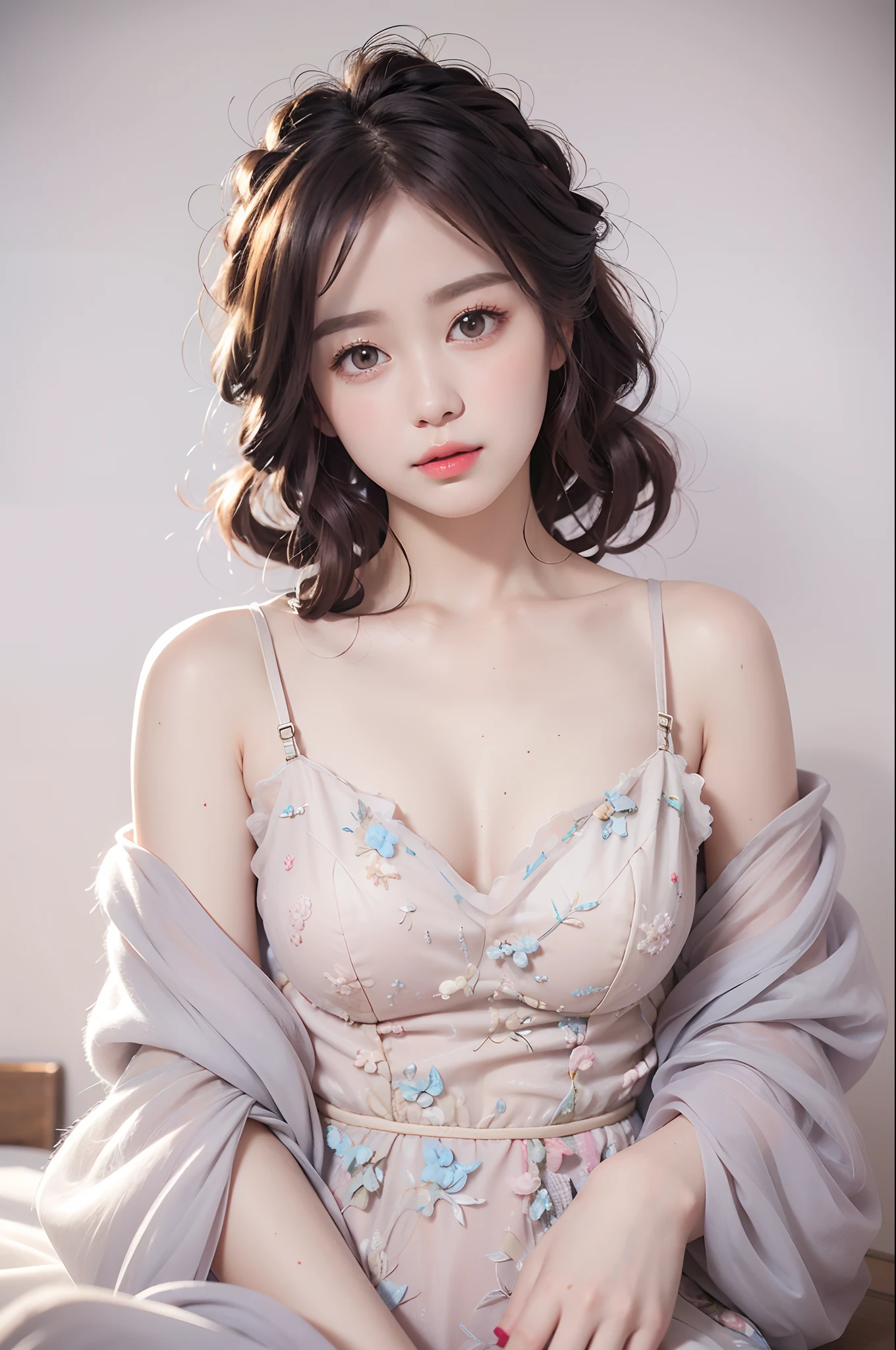 best qualtiy, tmasterpiece, 超高分辨率, realisticlying, 1girll, bshoulders, ssmile, Oversized_Sweater, gentlesoftlighting, Delicate skin, brown hair,(Beautiful breasts),