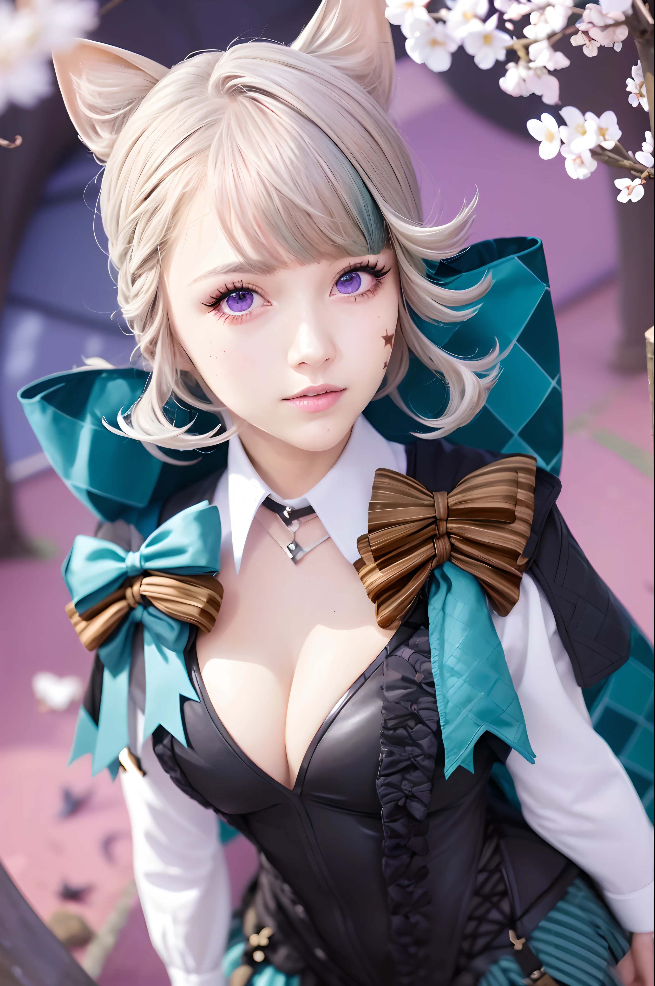 (masutepiece, Best Quality, Glowing light, Glistening, Shiny skin, ultra-detailliert, Detailed background, Complex background),(Perfect face, Detailed face, Detailed eyes,Perfect hands,Perfect fingers), (medium boobs:1.2,Smile),(maturefemale:1.4),Cowboy Shot,Chic,
Lynette,((Gradient Hair)), Gradient Eyes, (Glowing eyes:1.3), mascara, (fashion make up), Parted lips, Animal ears, Cat ears, animal ear fluff, Bow, tail, Cat tail, pantyhose, Long sleeves, Black Gloves, braid, Skirt, Black pantyhose,
((the Alps、waterside、cherry trees,Cherry blossom petals,Dark blue sky)),((hyper detailed background)), Dynamic Poses, ((8K Wallpaper)) ,