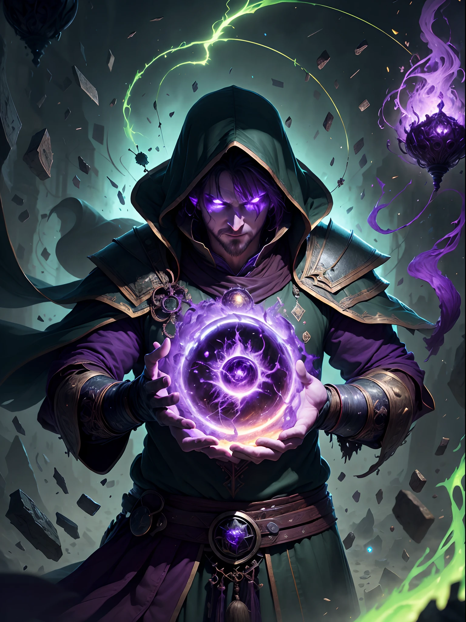 (1man, fat adult Scottish male:1.2), purple eyes, brown hair, undercut,
  looking down, solo, half shot, detailed background, detailed face, (V0id3nergy, empty theme:1.1) evil mage, black light armor robes, determined expression, green color scheme, dark green light, summoning circle, bright magic text, dark atmosphere, shadows, realistic lighting, floating particles, sparks, surrounded by purple ray casting spell, summoning, (thick molten candles:0.8),  red arcane symbols, eyes hungry for power, bloom
SCG,