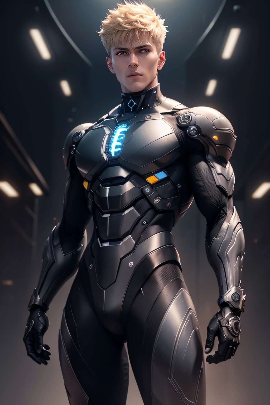 Genos, a man with a black mechanical body, blond hair, full body pose, very handsome, detailed black mechanical eyes, detailed face, detailed body, (reality: 1.4), (A hyper-realistic), (high resolution), (8K), (highly detailed), ( Best Illustration), (detailed eyes), (ultra-detailliert), Bright lighting, Professional Lighting, scary face.