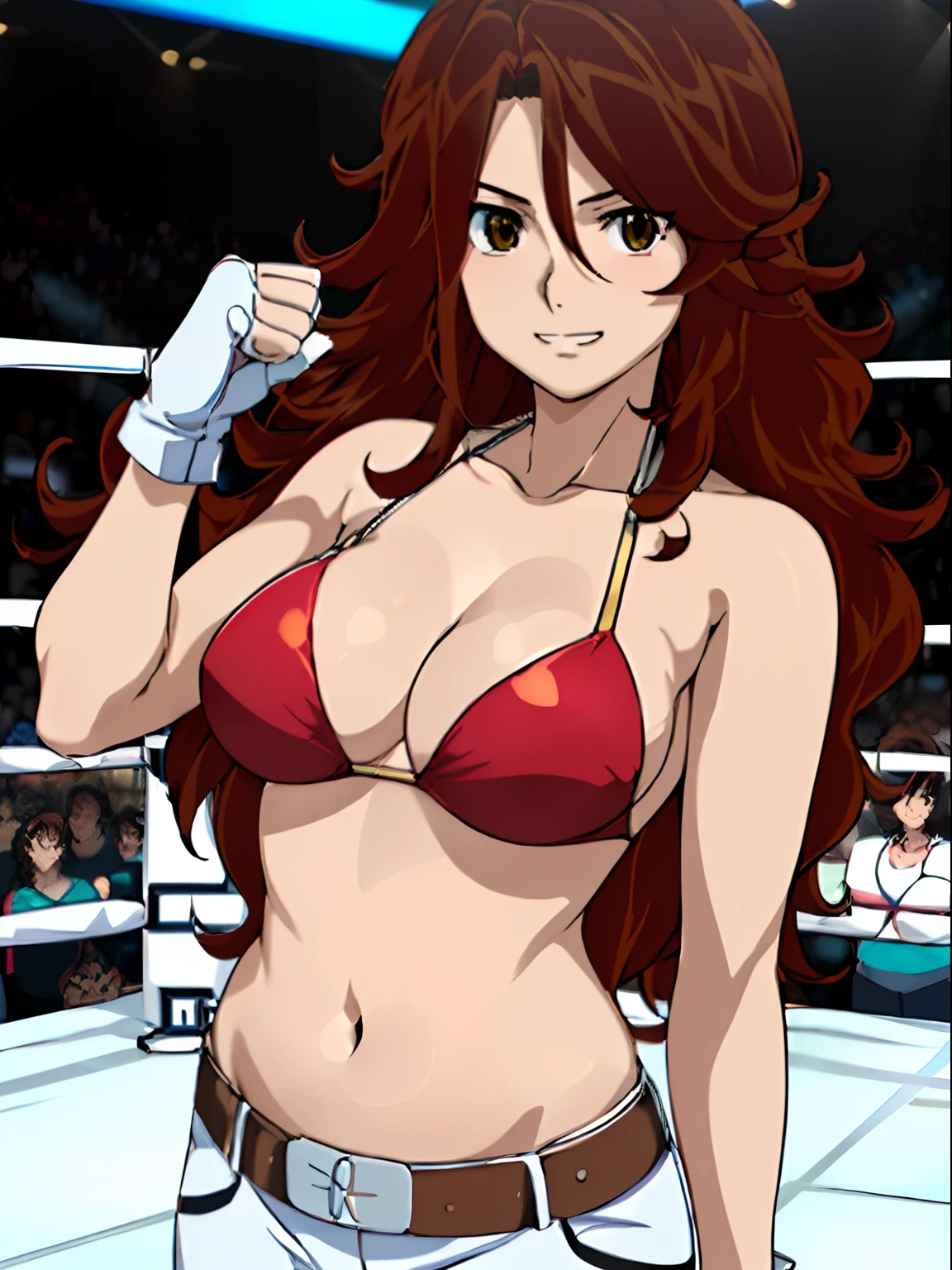 Best Quality, hires, curvy midsection, solo, 1 girl, strong woman, female wrestler, smile, happy), (detailed titration screen, upper body only, anime style: 1.8, anime drawing, ultra detailed face, ultra detailed body, 4k, Sumergai Lee Noriega, (standing), best quality, anime style, hires, highest definition, digital blending, bold drawing lines, ((wwe diva), ((location: wrestling arena, crowds watching)), ( pro female wrestler, long attractive belly, slim body, (strong arm muscles), broad shoulders , off-shoulders, closed fists, (very curvy: 2.8)), ((elegant red bikini , shorts, white gloves, collar, arm band, (champion belt))), (pale skin, big breasts, closed mouth, teeth), (big eyes, brown eyes, shiny eyes), (), (reddish hair, loose hair, curly hair, wavy hair, long hair, missy hair), 27 years old