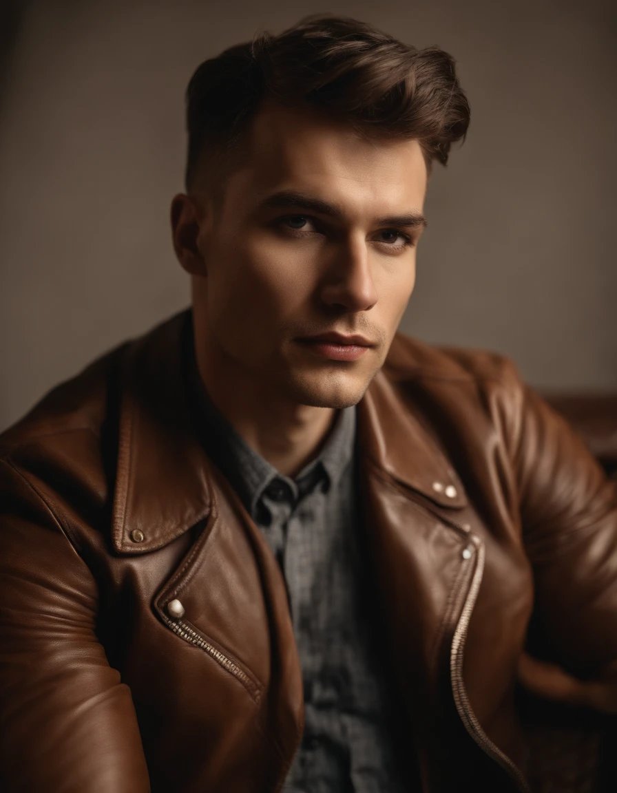 A man wearing a brown dapper leather jacket., Andrzej Sykut, Ultra-high-resolution images, Punk Clock, Studio Photography, justice (Middle closeup), Exquisite Face, Bright-faced, hands and feet on the chin and a sly face.
