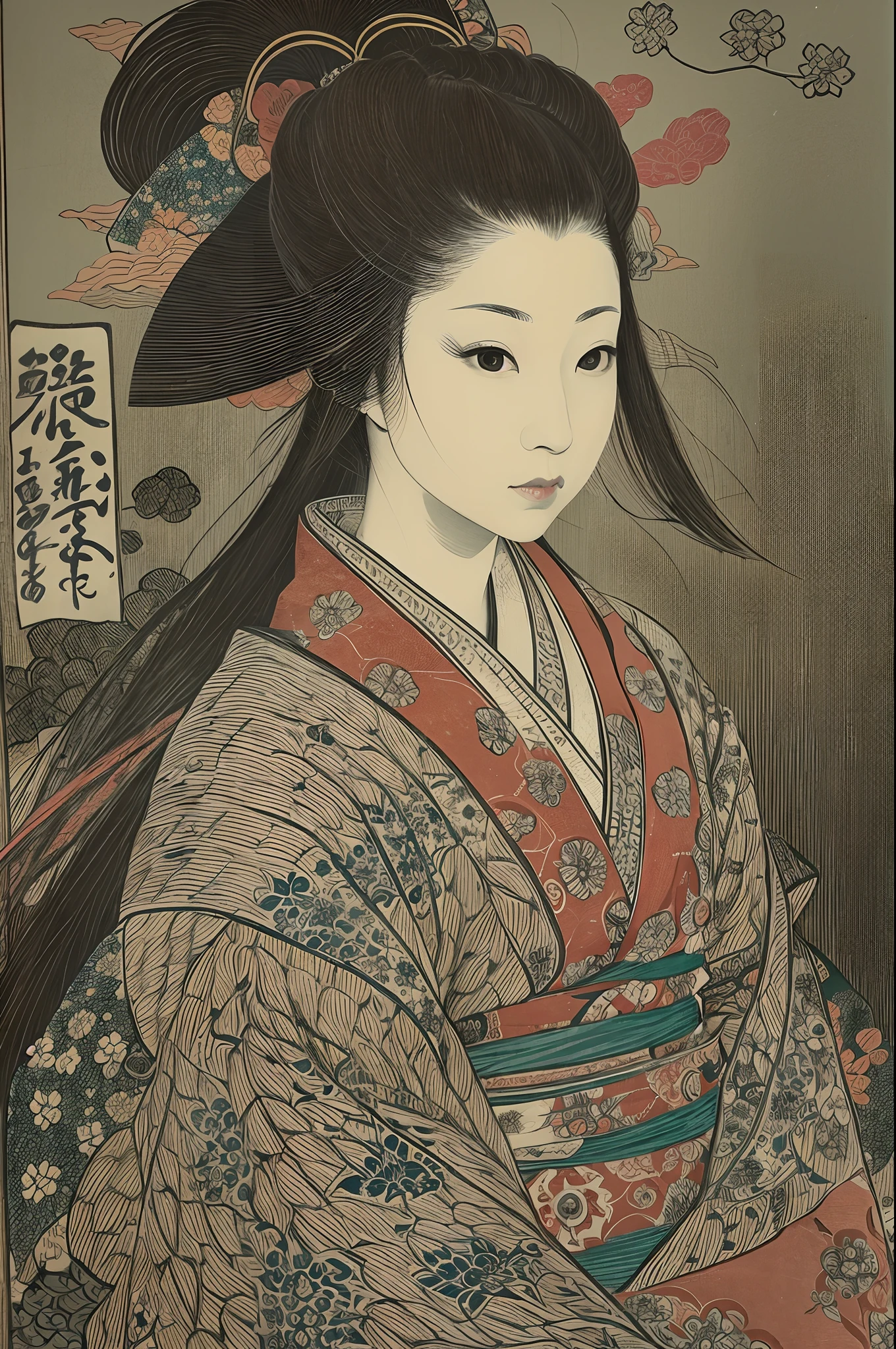 Sharaku,Portrait of a woman,it is centered in the middle of the image, some Japanese effects and embellishments scattered throughout the photo
