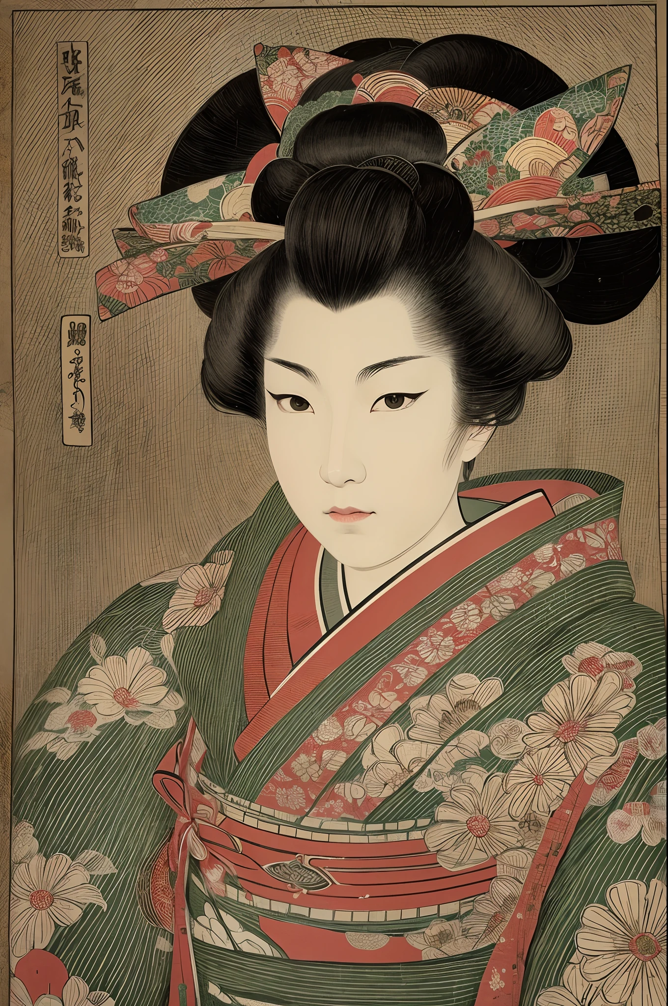 Sharaku,Portrait of a woman,it is centered in the middle of the image, some Japanese effects and embellishments scattered throughout the photo