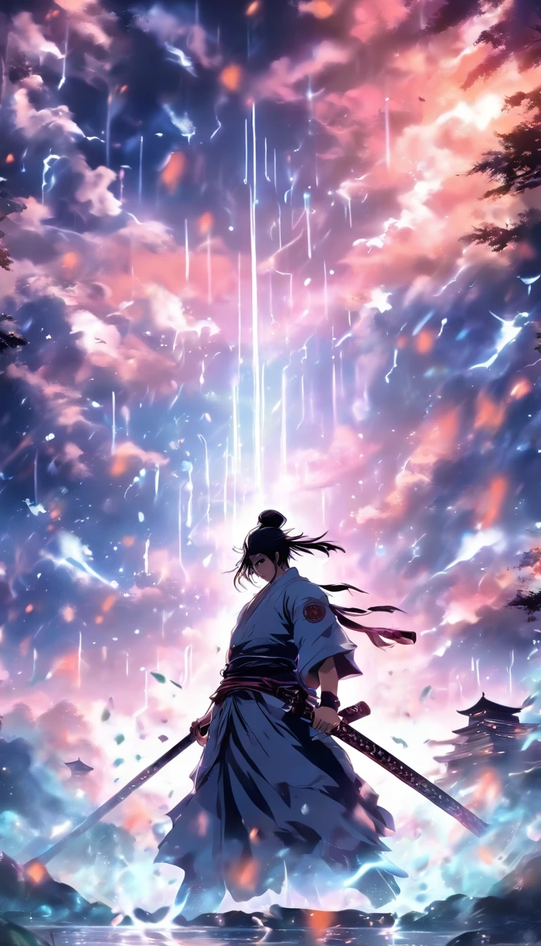 ((Masterpiece)),(Best quality)),Faraway view,There were twenty swords suspended in the air,Sword Rain,Young samurai,Infinite Sword System,Glow effects,Hyper-realistic,Ultra photo realsisim,Chinese black and white ink style,Black and white,Decolorization,Smudge,ink,8K,super-fine,high qulity,OC renderer