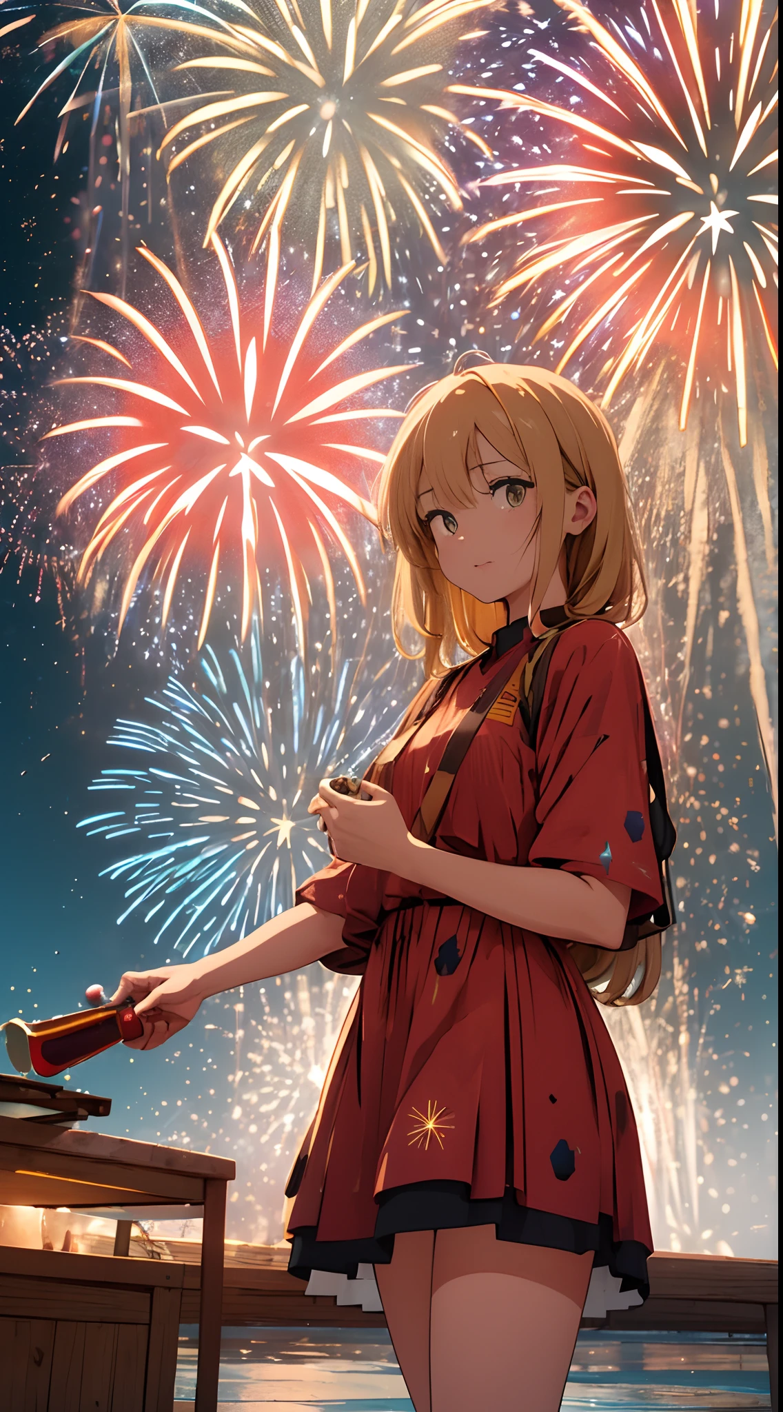 (Wide shot:1.8),, (Best quality, Masterpiece), absurderes, A high resolution, The ultra-realistice, Ultra-detailed, Perfect anatomy, (Fireworks Festival:1.8),, Beautiful night sky tilted head, ventania, Municipal lighting,((Masterpiece)), ((Best quality)), 8K, high detal, Ultra-detailed,Science fiction, fantasy, Buildings, High quality, 16k, detail, precision, Best work, So it's safe to touch. This mucus can contain air and get hairy, Or flatten under pressure, So it changes shape in various ways in the bottle. This slime is cute, Sometimes it bounces off the bottle or forms a heart shape.Alien Infusion Beverage, out-of-this-world drink, alien elixir, extracts, rare extraterrestrial plants, infused ionized energy, distant nebula, Served in a glowing glass vessel, hdr, Food photo mycelium,symetry, designs, art,Vintage bottle, Shanghai overseas,camp,Cute, water splash, Splash, Looks delicious,blood spatter,microcosm,A glittering bottle on the table,Explosion,Racche, whole,Terrarium,Weathered, Retro,Beautiful girl, dress