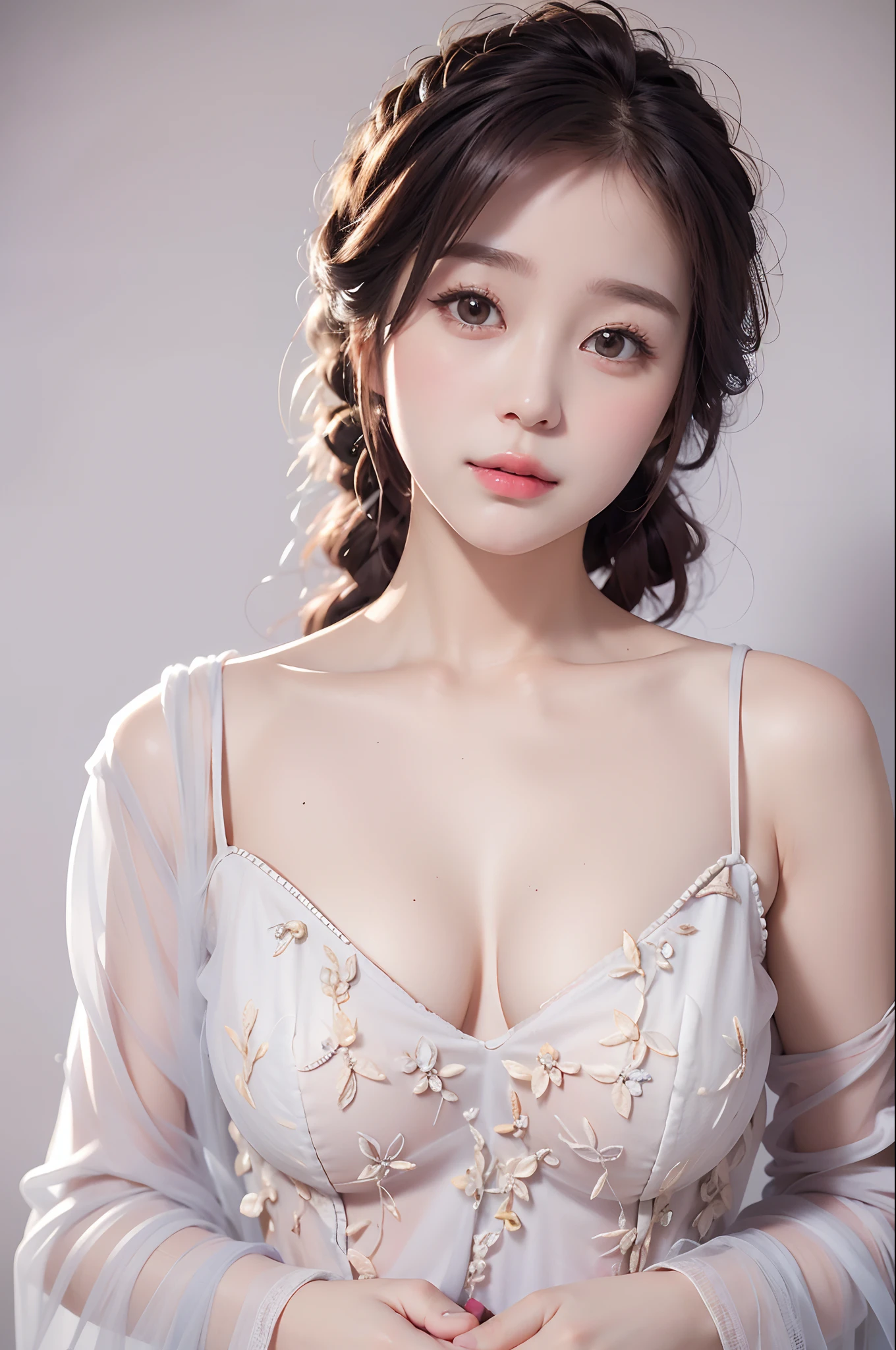 best qualtiy， tmasterpiece， 超高分辨率， realisticlying， 1girll， bshoulders， ssmile， Oversized_Sweater， gentlesoftlighting， Delicate skin， brown  hair，(Beautiful breasts)，
