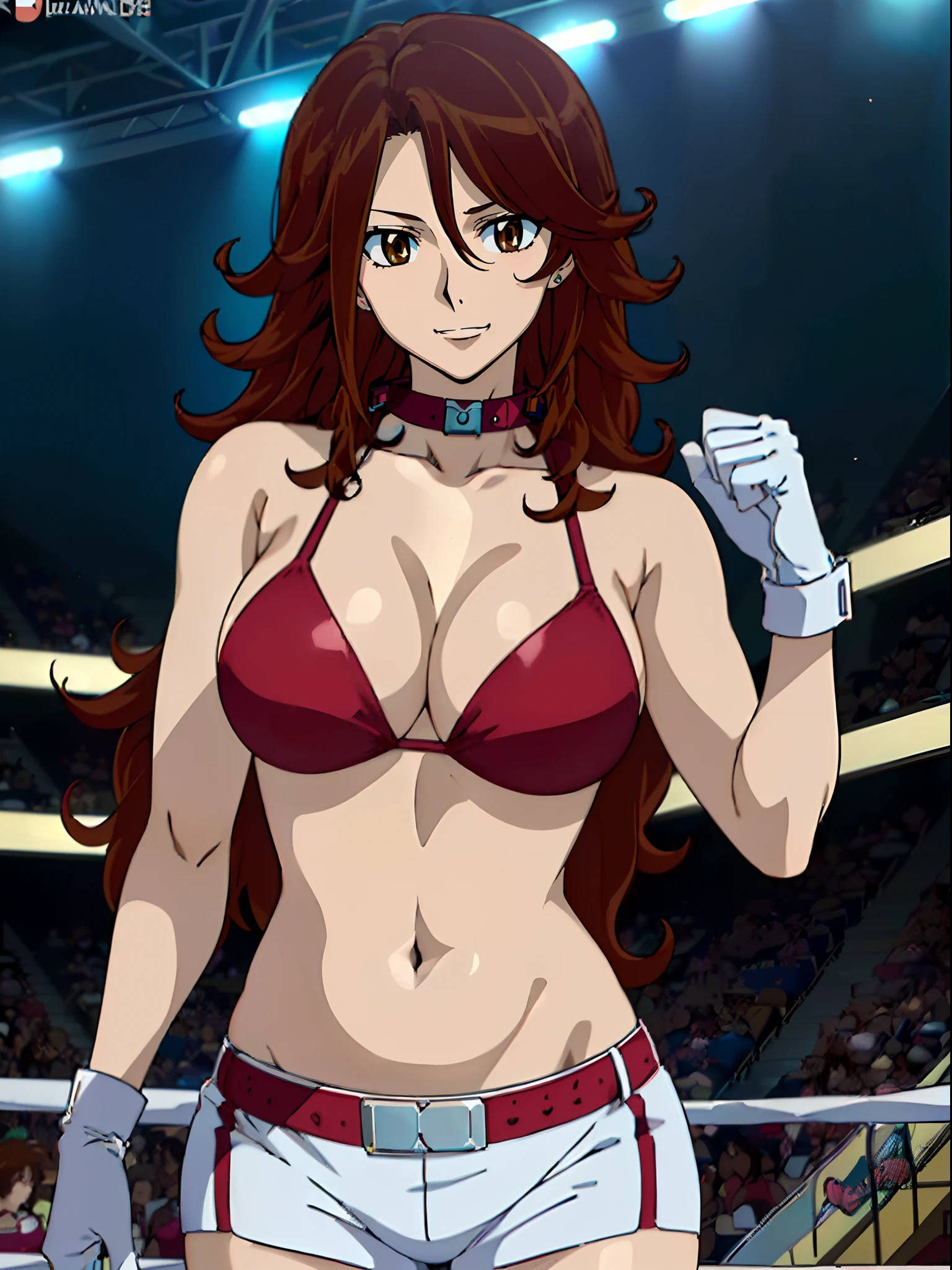 Best Quality, hires, curvy midsection, solo, 1 girl, strong woman, female wrestler, smile, happy), (detailed titration screen, upper body only, anime style: 1.8, anime drawing, ultra detailed face, ultra detailed body, 4k, Sumergai Lee Noriega, (standing), best quality, anime style, hires, highest definition, digital blending, bold drawing lines, ((wwe diva), ((location: wrestling arena, crowds watching)), ( pro female wrestler, long attractive belly, slim body, (strong arm muscles), broad shoulders , off-shoulders, closed fists, (very curvy: 2.8)), ((elegant red bikini , shorts, white gloves, collar, arm band, (champion belt))), (pale skin, big breasts, closed mouth, teeth), (big eyes, brown eyes, shiny eyes), (), (reddish hair, loose hair, curly hair, wavy hair, long hair, missy hair), 27 years old