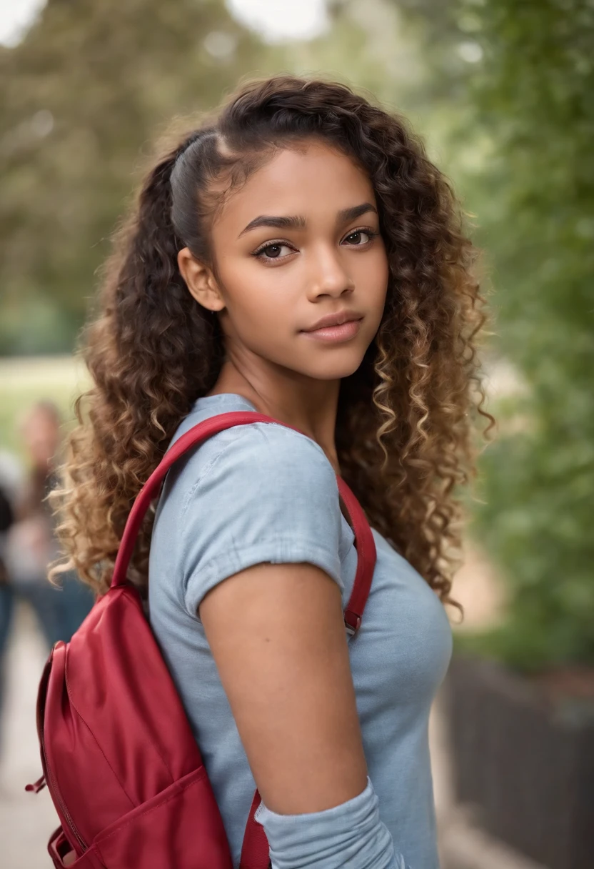 Pretty black teenage girl with curly brown hair with blonde highlights in high ponytail with edges with hazel eyes wearing ruffle top with skinny jeans holding backpack at school , highly detailed realistic