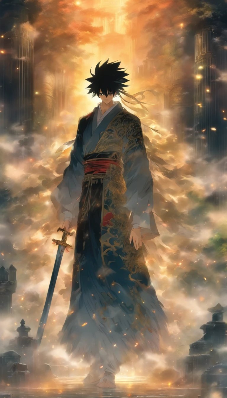 A young and dignified man stood in the fog, (Black color hair),(Black pupils),Behind him there was a huge and magnificent church, Armed with a shining sword of divine light, Guard the entrance to the trail.,32K, Best quality, Masterpiece, Super detail, High detail in Yoshiyo Monogatari anime style