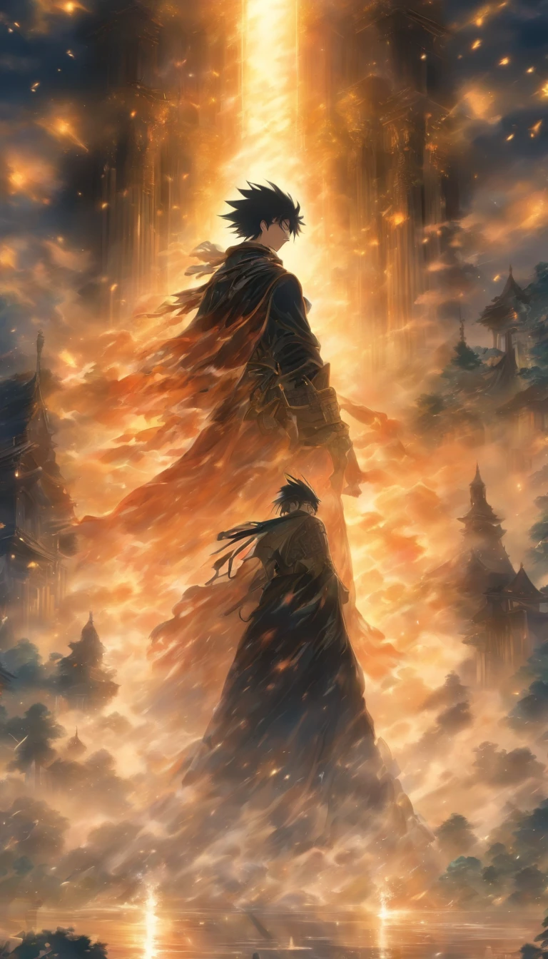 A young and dignified man stood in the fog, (Black color hair)，(Black pupils)，Behind him there was a huge and magnificent church, Armed with a shining sword of divine light, Guard the entrance to the trail.,32K, Best quality, Masterpiece, Super detail, High detail in Yoshiyo Monogatari anime style