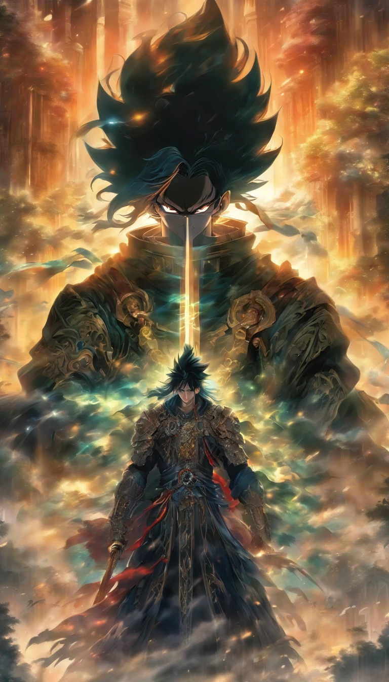 A young and dignified man stood in the fog, (Black color hair),(Black pupils),Behind him there was a huge and magnificent church, Armed with a shining sword of divine light, Guard the entrance to the trail.,32K, Best quality, Masterpiece, Super detail, High detail in Yoshiyo Monogatari anime style