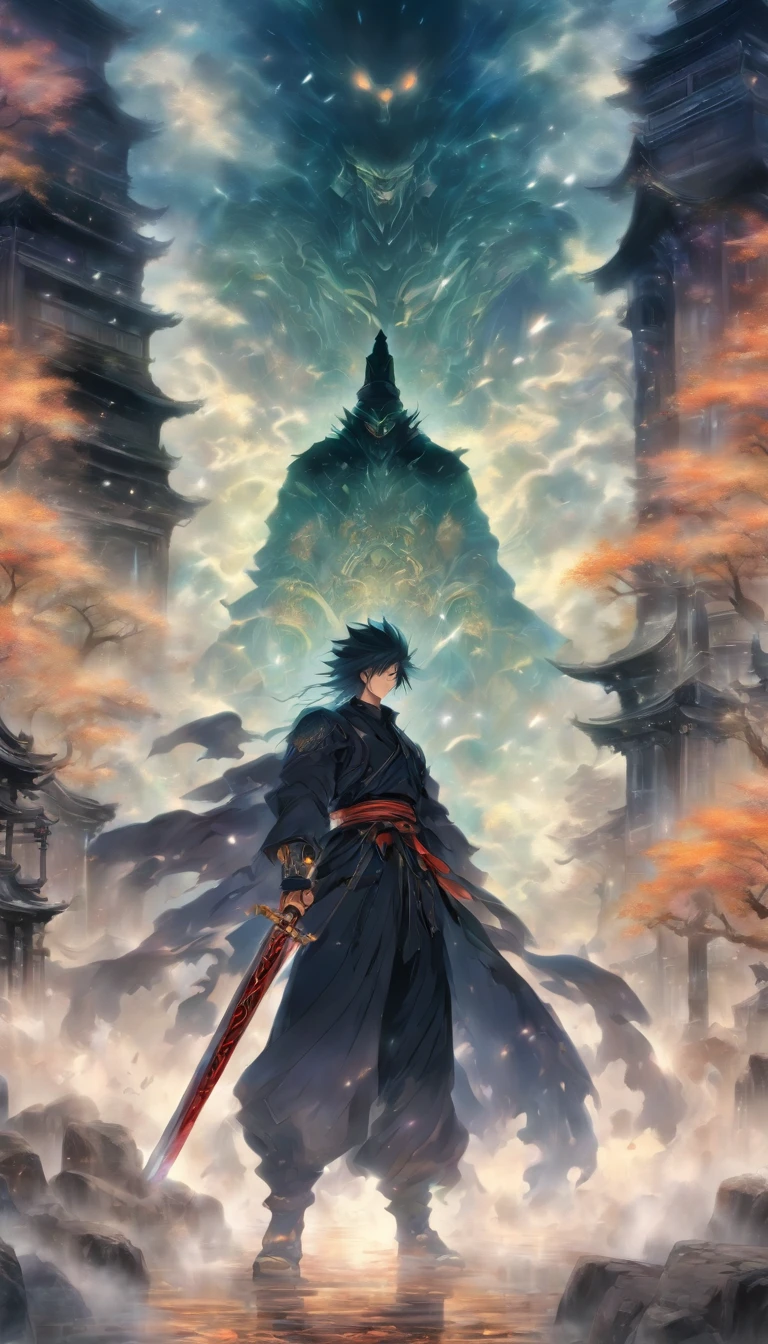 A young and dignified man stood in the fog, (Black color hair),(Black pupils),Behind him there was a huge and magnificent church, Armed with a shining sword of divine light, Guard the entrance to the trail.,32K, Best quality, Masterpiece, Super detail, High detail in Yoshiyo Monogatari anime style
