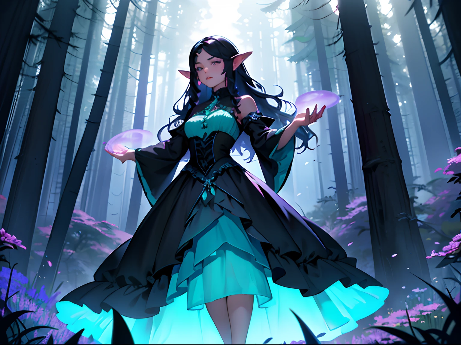 Girl with blue-black hair, violet eyes, light skin, Little, a neat nose, plump pink lips, long wavy hair. Standing in the Magic Forest. Her trusty dress flows over her, that covers her body. Nymph Dress. Black Dress. slightly . She's conjuring. Her magic is like a black translucent haze, hovering around her. Magic Forest in Turquoise, Dark blue and green shades. Warm light. calm expression on his face, Magic Pose, Hands raised, sorcery, Magic, Black Dress Elven Dress Fairy Dress Slender Figure, violet eyes, dark purple eyes. The Magic of Black.