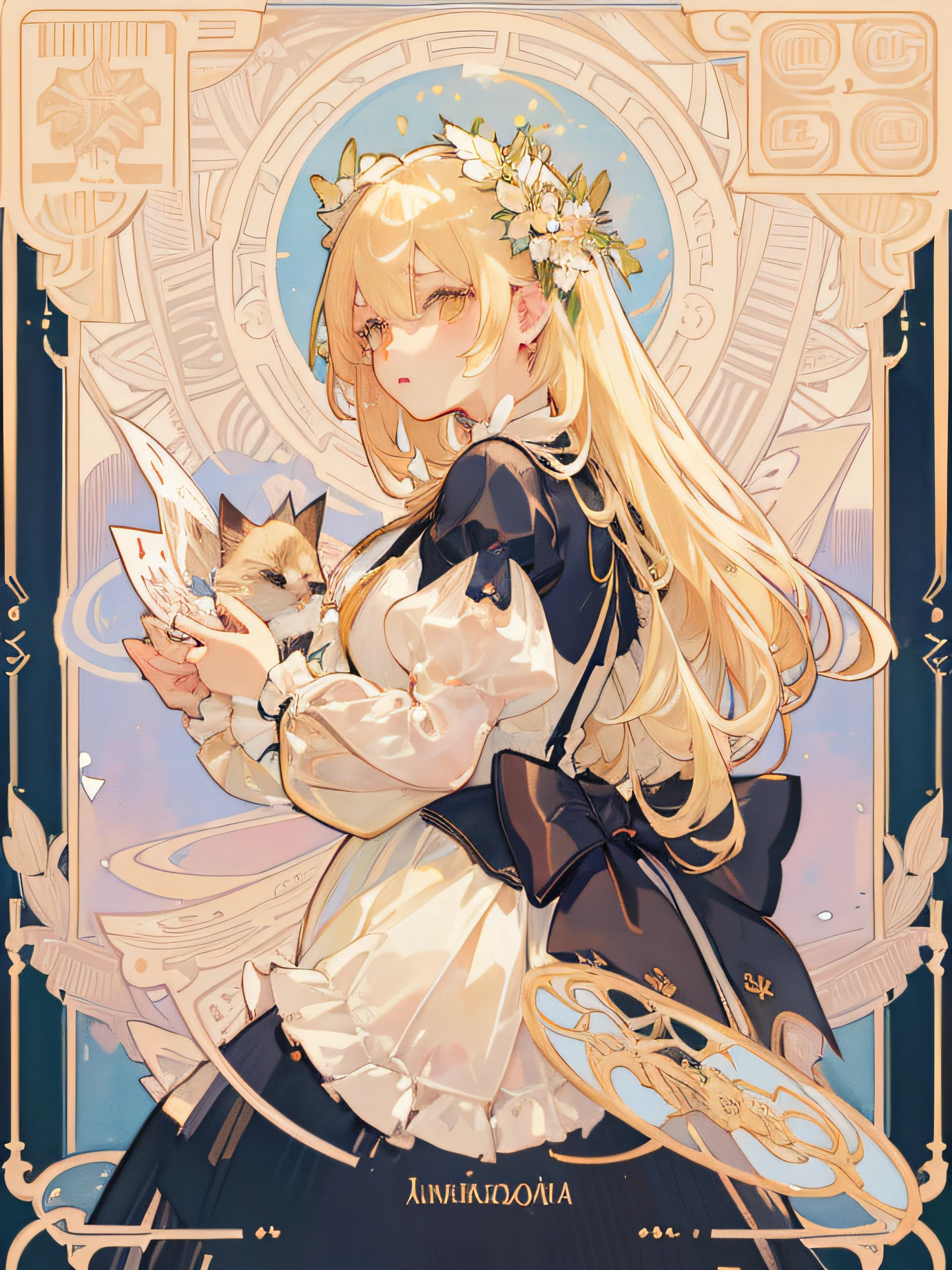 (A little blonde girl dressed in Lolita,Holding a tsundere black kitten,Mucha style, elegant and soft, bright watercolor effect, decorative new lines and more, Alphonse Mucha card border, asymmetrical style masterpiece, Highest quality, Highest quality, illustration, intricately details)