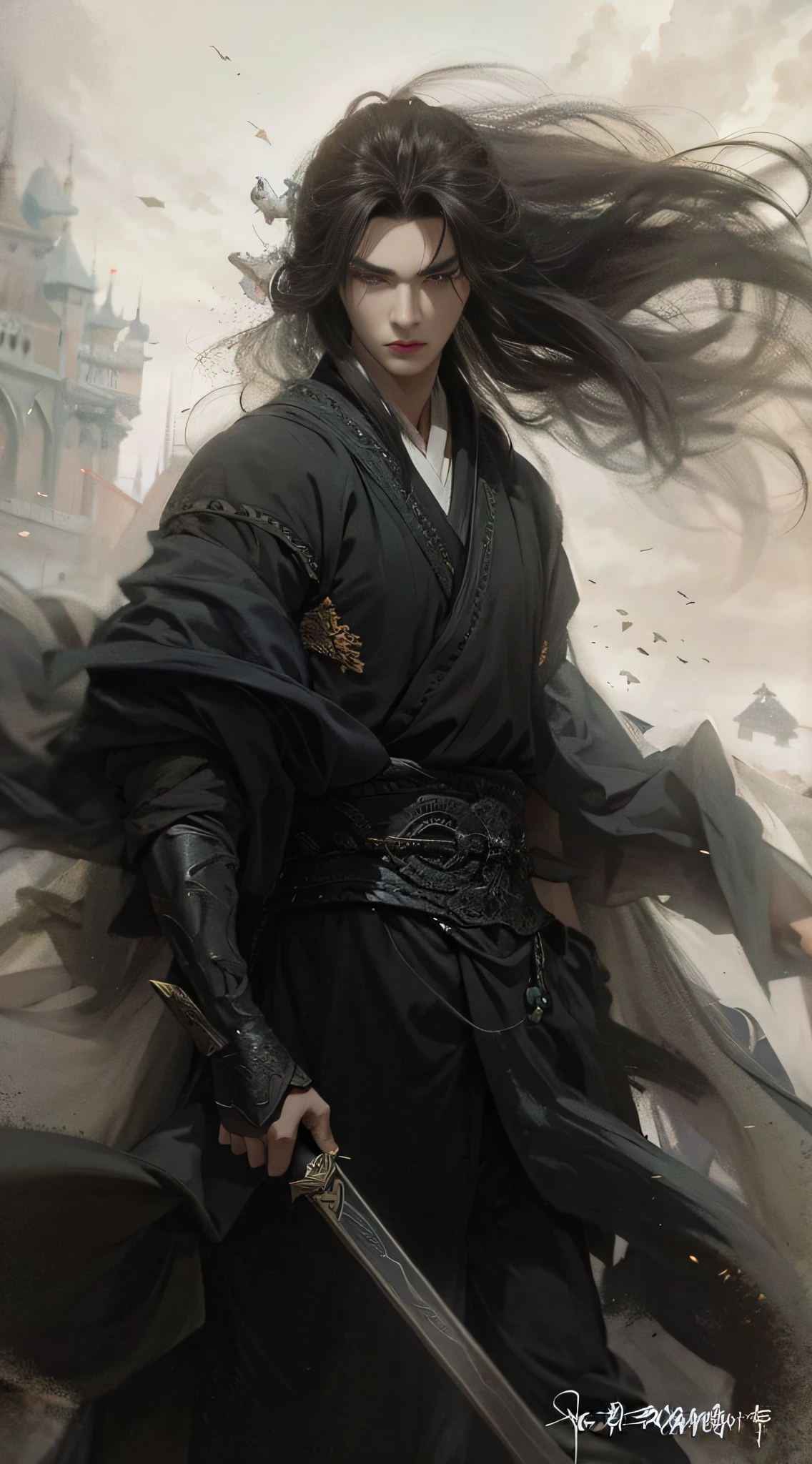 A warrior,long whitr hair,Hanfu,Robe,sword,Lateral face,Fierce and evil,The eyes are murderous,true to life,1:1