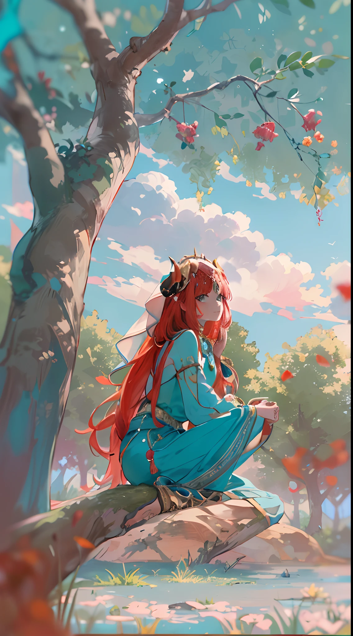niloudef, ssmile, Be red in the face, exteriors, In the daytime,, (((Wear traditional Indian women's clothing))),(Wear turquoise jewelry),blue-sky, Red long-haired, Skysky, looking at viewert, Moody light,(((Sit under a tree and meditate)))