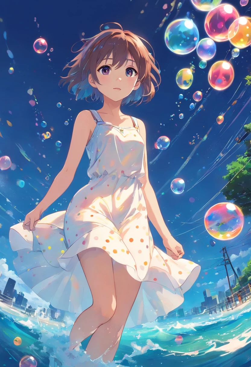 （tmasterpiece，best qualtiy：1.2），（ultra - detailed），（illustratio），Wallpapers，Original，1girl，untidy（（（Color and dynamic）））the hair，thin shoulder strap，white dresses，Bare legged，Barefoot，Bare arms, Sea backgroun, Colorful fish and colorful bubbles surround the surroundings, full bodyesbian, ,(Surrounded by colorful splashes and dots),Colored bubbles,(shiny)