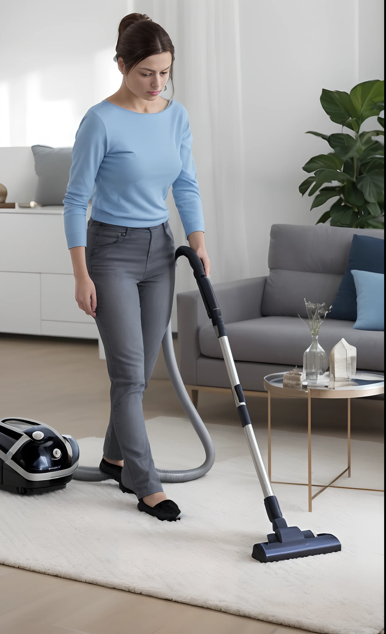 A woman vacuums a carpet, Inspired by the portrait of Bella Sicosi Cesia, smooth clean surfaces, extremely clean, stunning design, vivd details, detalhe poderoso, crisp smooth clean lines, Very, very clean, advertisement picture, brilliant detail, (Hyper-realistic:1.3)