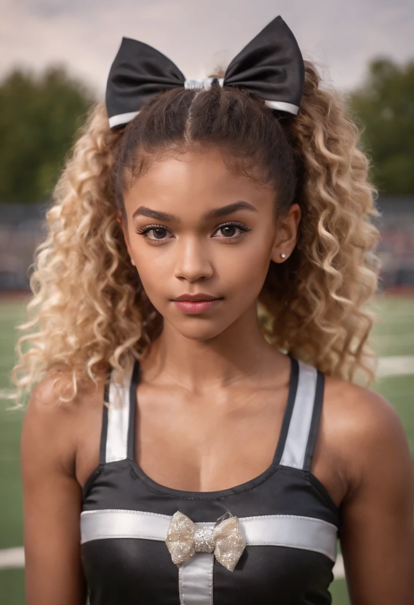 Pretty black teenage girl with curly brown hair with blonde highlights in high ponytail and bow with edges with hazel eyes wearing cheerleading outfit and shoes on football field , highly detailed realistic