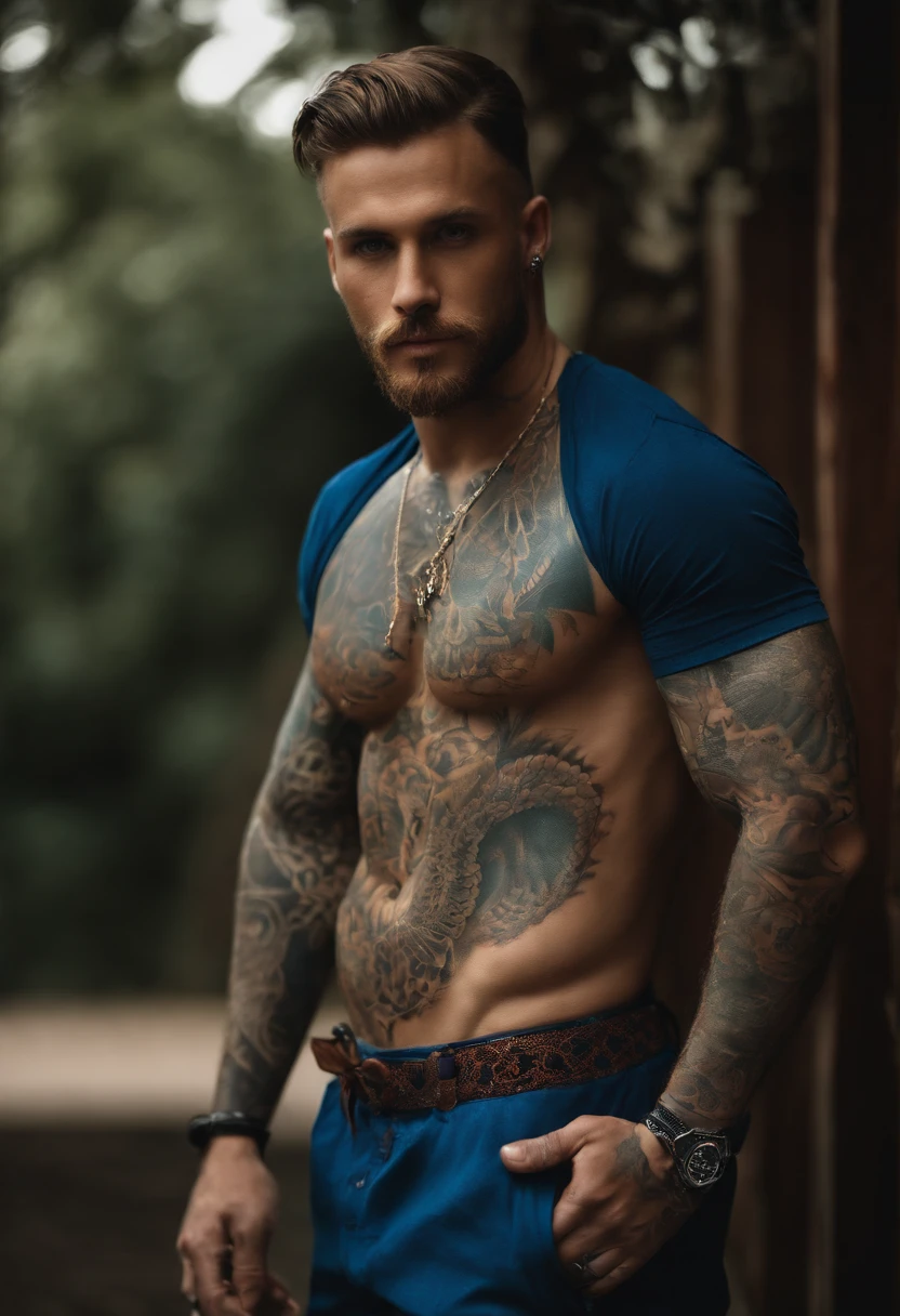 arafed man with tattoos on his legs and a tattoo on his arm, inked, with tattoos, tattooed, tattooed man, tattooed body, lower half of his body is snake, inked and colored, blue undergarments, muscular body tattooed, tattoos all over the skin, style of seb mckinnon, underwear ad, dylan cole, lots of details