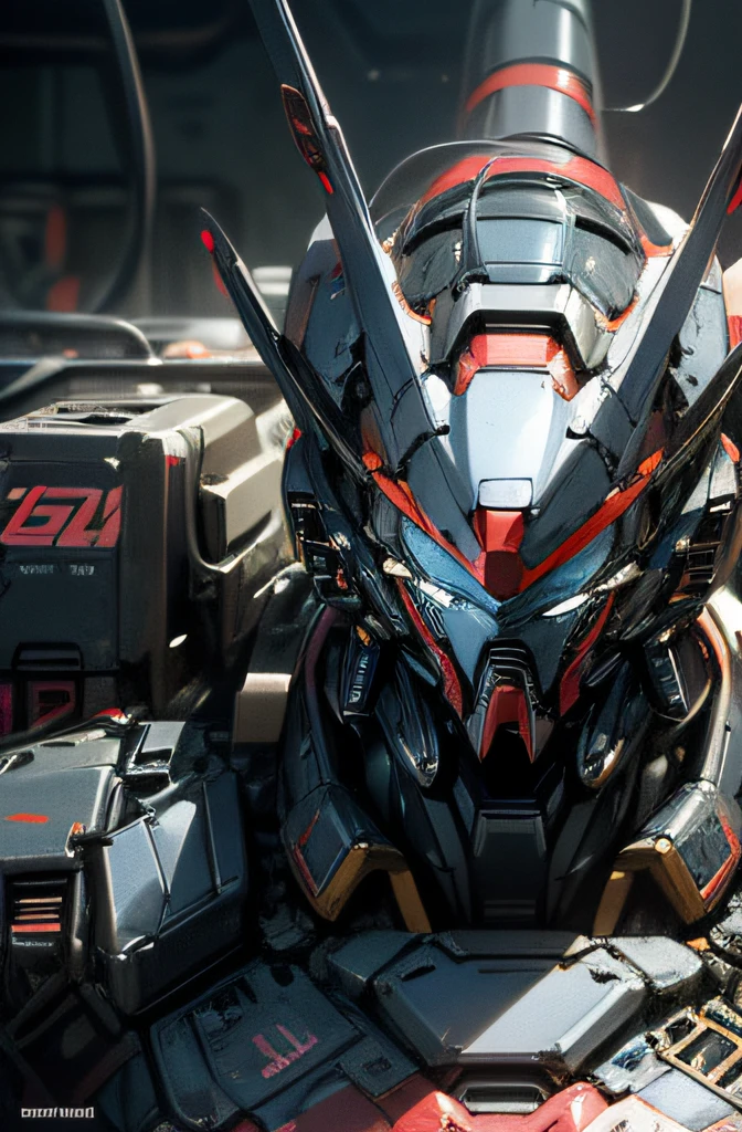 a Mecha Gundam suite, detailed gundam, eyes ultra detailed,((masterpiece, better quality)) top-quality, A high resolution, (reality: 1.4), (A hyper-realistic), (high resolution), (8K), (highly detailed), ( Best Illustration), (detailed eyes), (ultra-detailliert), Bright lighting, Professional Lighting、The background is a cyberpunk room with neon lights., The cord is connected from the costume ,random colors, large mechanical robot construction, microchip, computer, glossy, intricate details, shitu-mecha