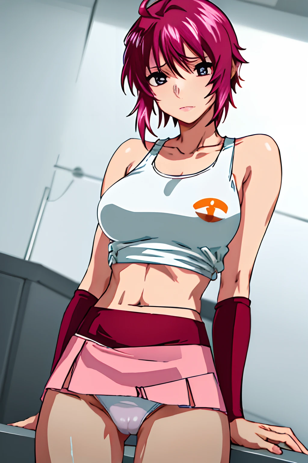 ​masterpiece, top-quality, Hi-Res, 1girl in, 独奏, Pink skirt,White panty、 Tank Tops、, Beautiful ass、shorth hair,Beautiful navel、Beautiful calves、 Ahoge, black thigh, red hairs, a purple eye, purple color  hair, long-sleeve, frowned, Slouched,