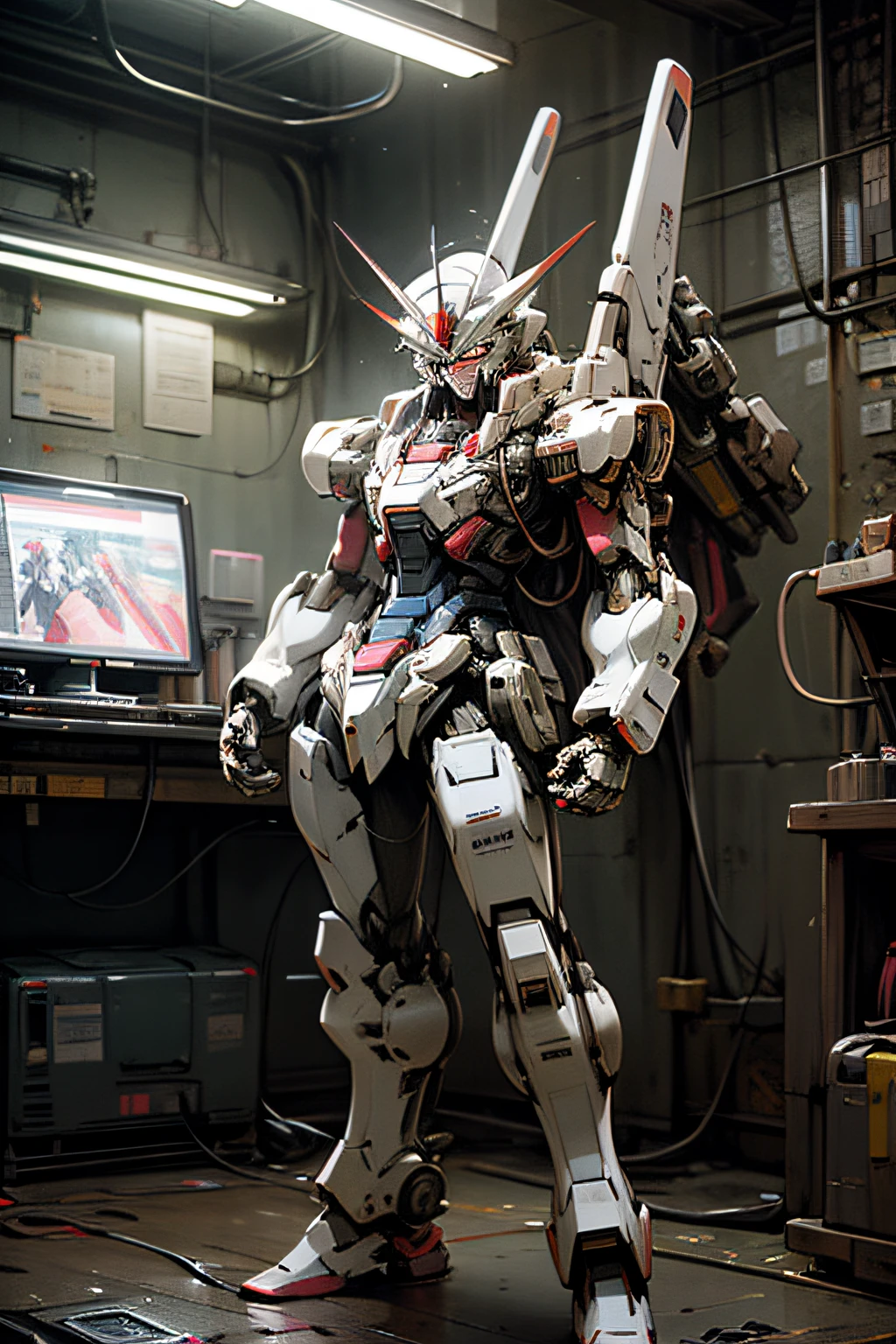 a Mecha Gundam suite, standing pose, detailed gundam, eyes ultra detailed,((masterpiece, better quality)) top-quality, A high resolution, (reality: 1.4), (A hyper-realistic), (high resolution), (8K), (highly detailed), ( Best Illustration), (detailed eyes), (ultra-detailliert), Bright lighting, Professional Lighting、The background is a cyberpunk room with neon lights., The cord is connected from the costume ,random colors, large mechanical robot construction, microchip, computer, glossy, intricate details, shitu-mecha