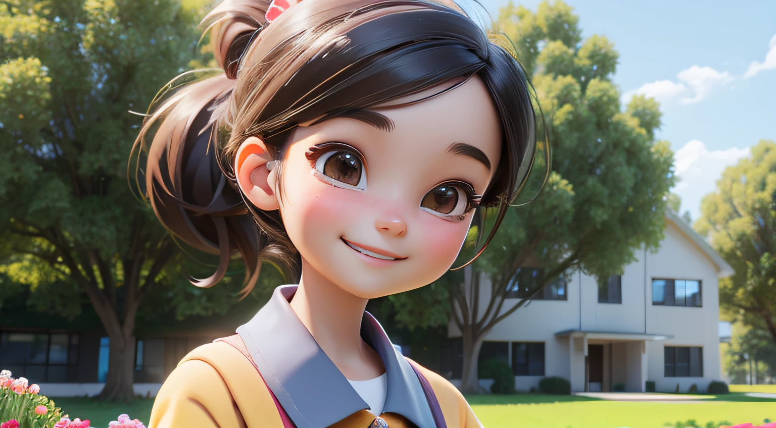 a close-up view of a cute young schoolgirl in ponytail standing with a smile, background is full of trees, flowers, grasses and the school building and field, daytime, 3D pixar style, High-res