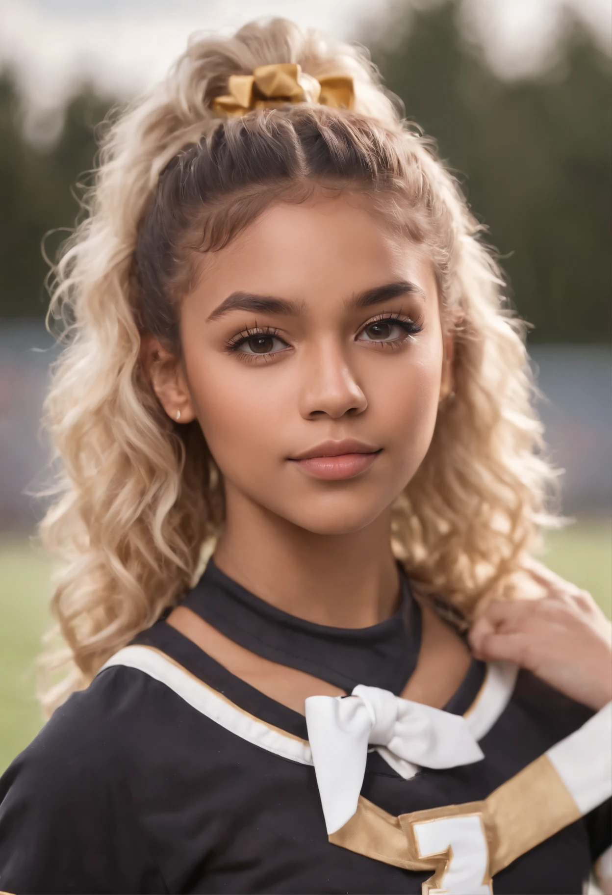 Pretty black girl with curly brown hair with blonde highlights in high ponytail and bow with edges with hazel eyes wearing cheerleading outfit and shoes on football field , highly detailed realistic