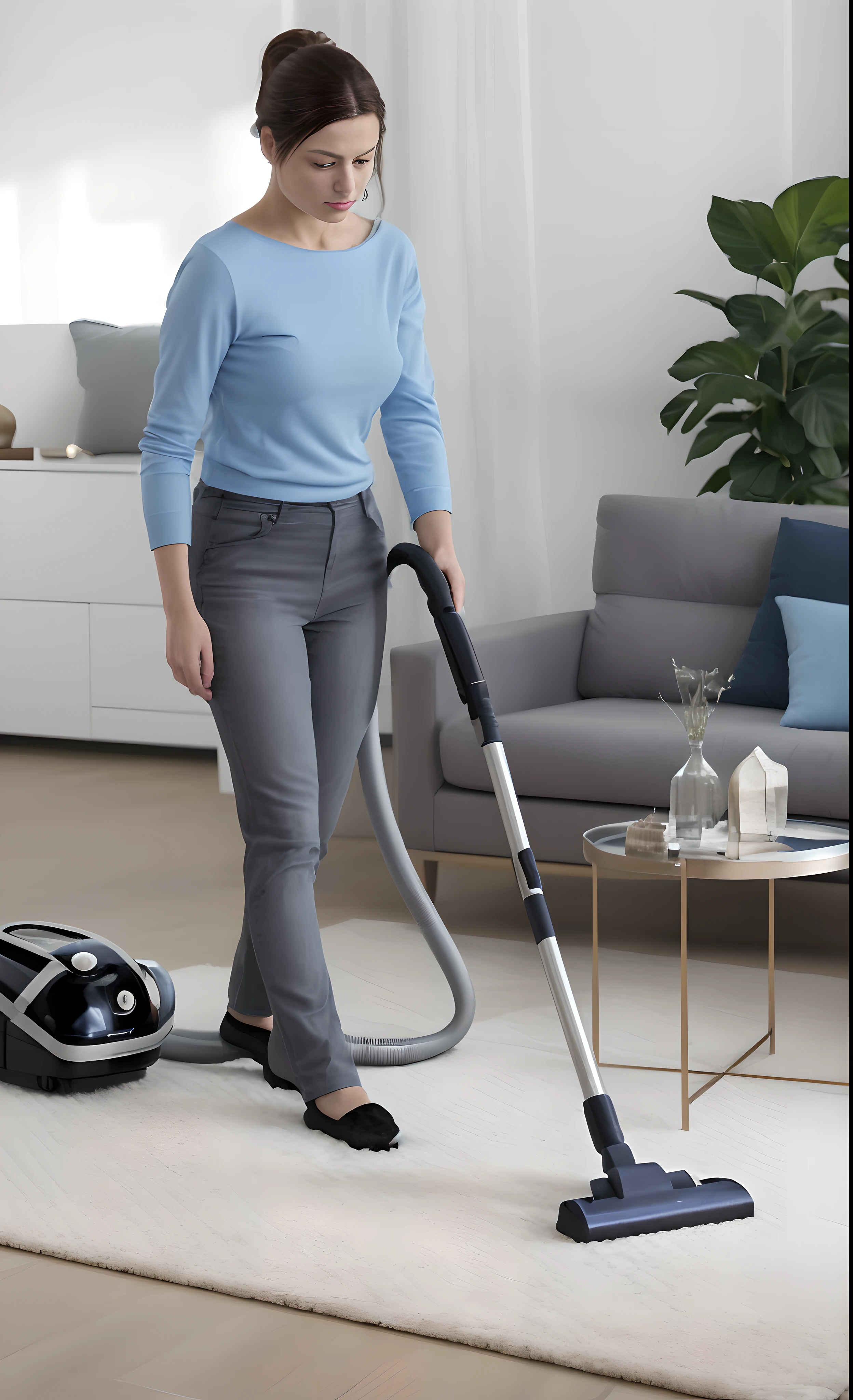 A woman vacuums a carpet, Inspired by the portrait of Bella Sicosi Cesia, smooth clean surfaces, extremely clean, stunning design, vivd details, detalhe poderoso, crisp smooth clean lines, Very, very clean, advertisement picture, brilliant detail, (Hyper-realistic:1.3)