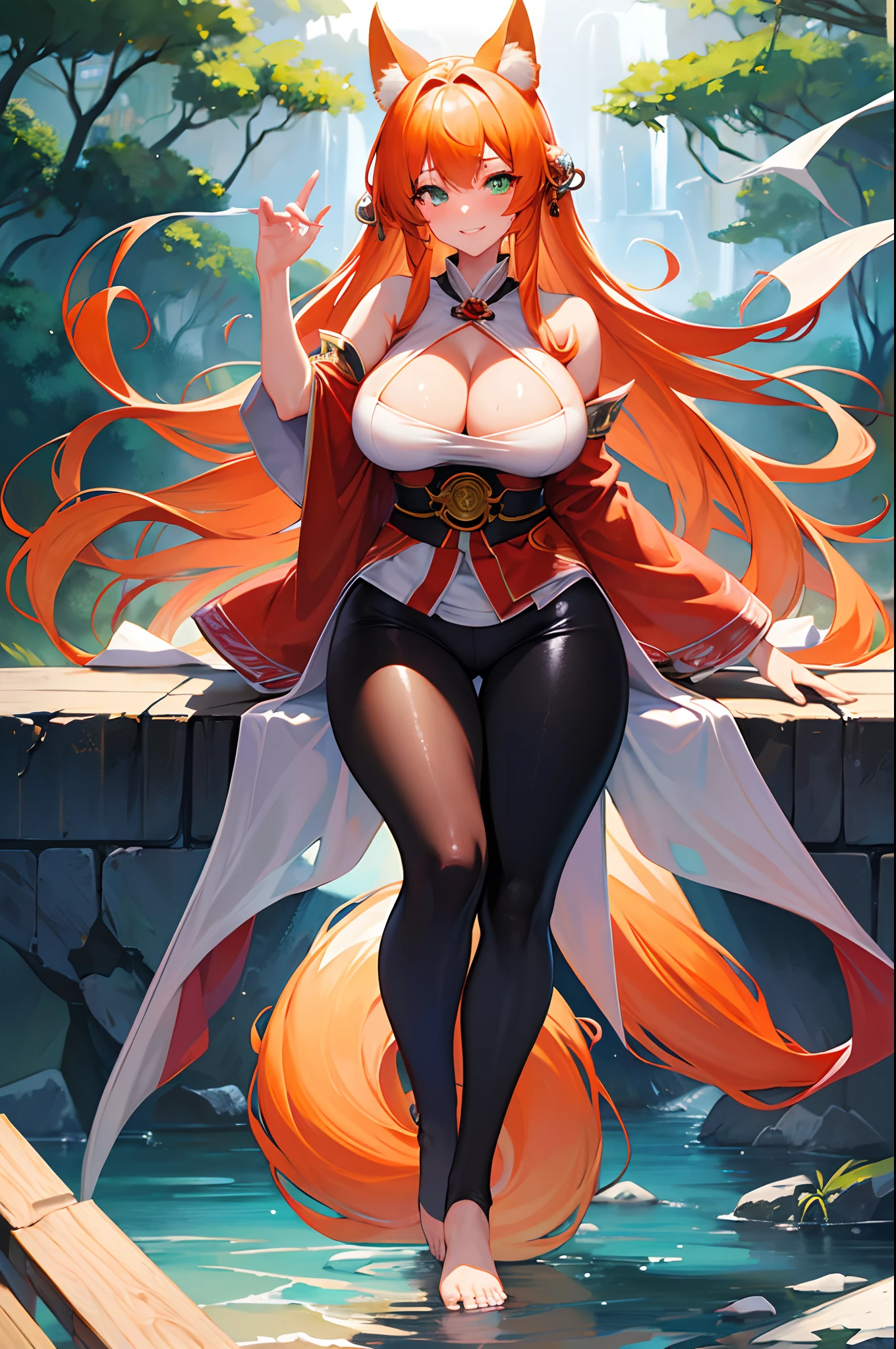 (Masterpiece, best quality, beautiful eyes, highly detailed, high res, anime), 1 girl, fox ears, fox tail, orange hair, green eyes, massive breasts, massive cleavage, Japanese priestess, Japanese dress, barefoot, seductive smile, water, temple, sexy, mature woman, wet clothes, wet skin, tight clothes, thick tights, mommy body, thick body,