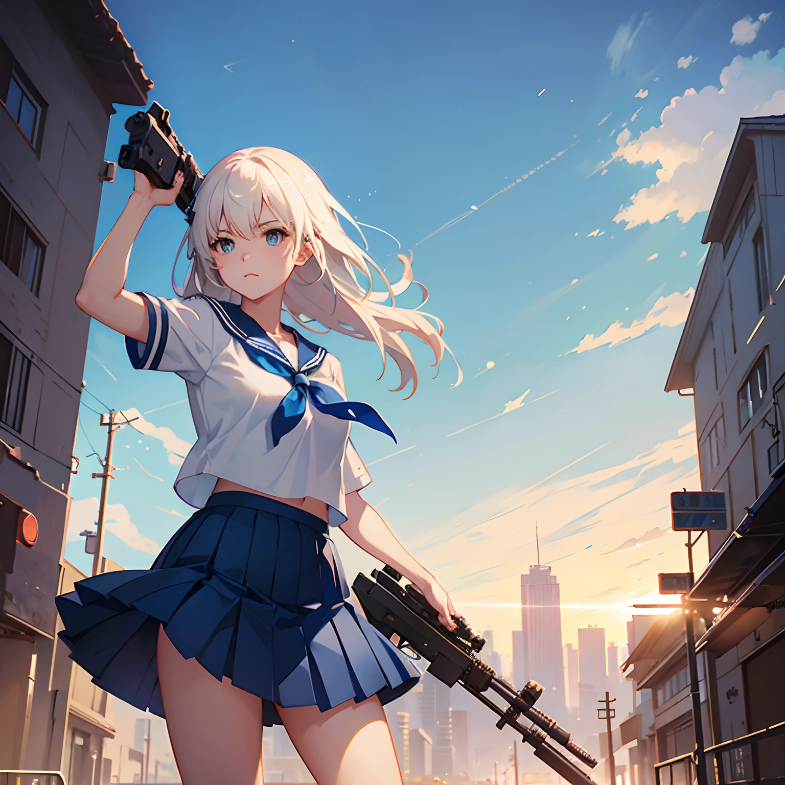 Anime games，Sailor blue skirt，White color blouse，Cool girl，A girl is aiming with a sniper rifle，With a sniper rifle in his hand, he is aiming, cushart, epic 8 k hd anime shot, Today's featured anime stills, krenz cushart and artem demura, trending on artstation pixiv, Guviz-style artwork, Artgerm and Atey Ghailan, cushart kenz