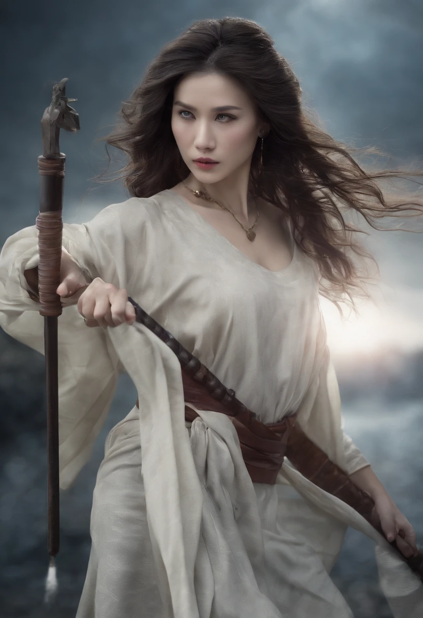 Masterpiece, Best, Night, full moon, 1 female, Mature woman, Chinese style, Ancient China, Sister, Royal Sister, Cold face, Expressionless, Silver white long haired woman, Light pink lips, calm, Intellectual, Three bangs, Grey Eyes, assassins, Long sword, swordsman, Fighting, Street view, Facial details,Beautiful woman, Long hair, Brown hair, Medium breasts, Blue eyes, White shirt, Hot pants,