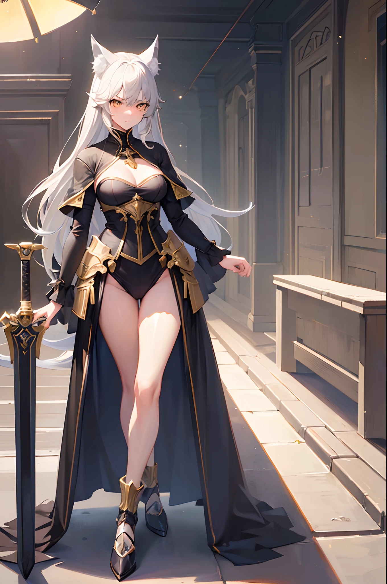 (Masterpiece, best quality, beautiful eyes, highly detailed, high res, anime), 1 girl, wolf ears, wolf tail, yellow eyes, grey hair, Inquisitor, knight, faith, full body, sword, small breasts, cleavage, angry, prideful, sexy, mature woman,