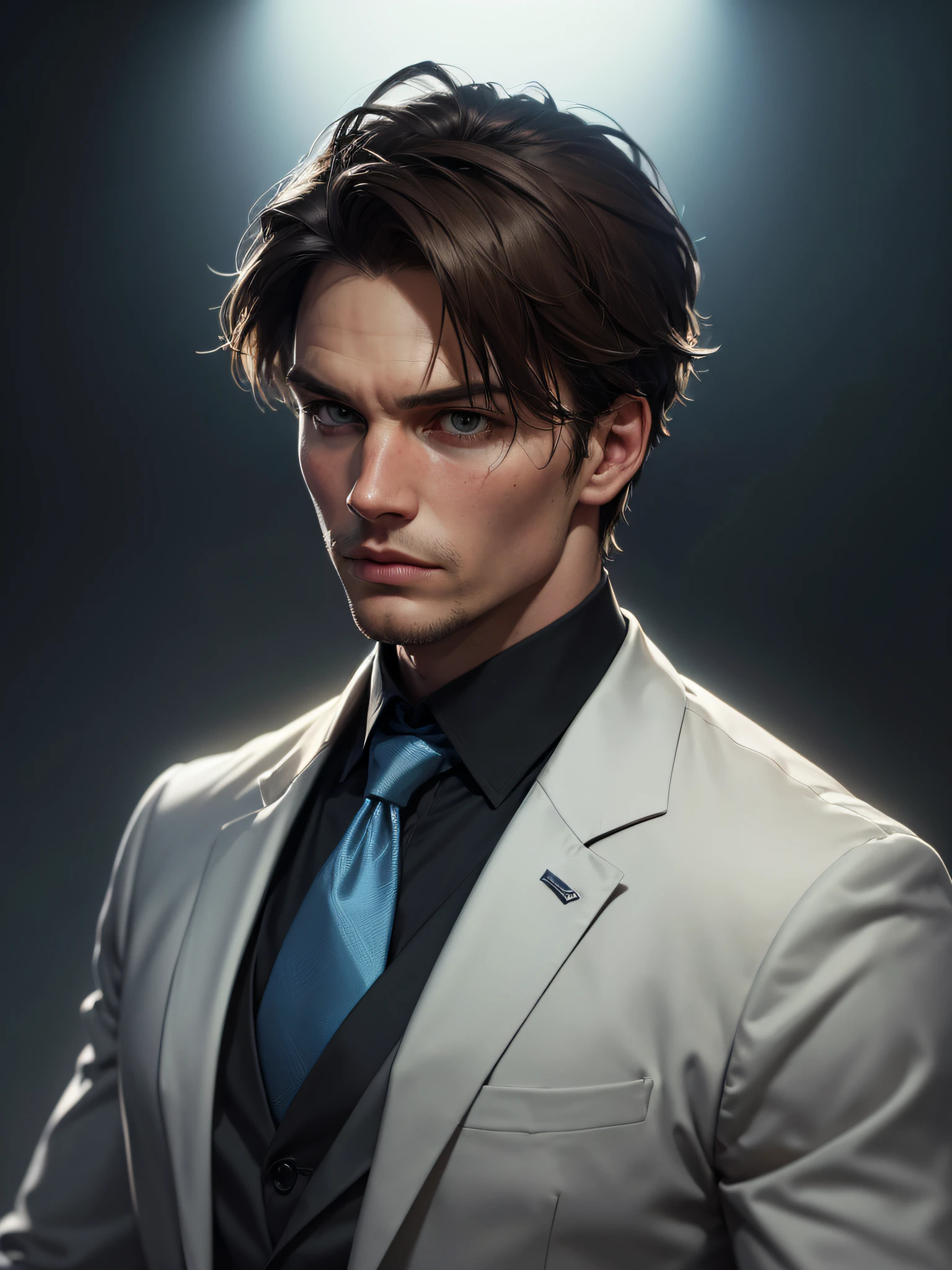 (Sam Heughan), (((one man))), ((social clothes)), ((wearing a formal shirt and blue tie with a black vest over it)), ((absurdres)), (masterpiece 1.3), (Sylas from League of Legends), (incredibly detailed), (highres:1.1), (high detailed skin:1.4), (high quality lighting), (skin texture), (UHD), (64K), (studio lighting), (photorealistic), (hyper realistic), (symmetric face), (unreal engine), (bokeh), (high resolution scan), (professional photograph), ((stunning handsome man)), ((short beard)), ((stoic)), ((stern looking)), (symmetrical eyes), (strong jawline), (blue eyes), (dark brown hair), (Long hair), (1man), (solo), (dark atmosphere)