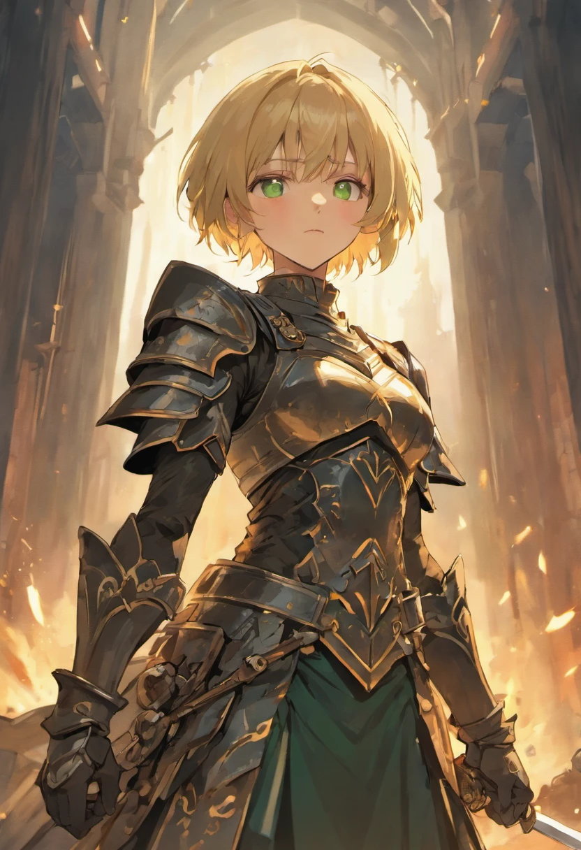 A warrior with short blond hair, green eyes, strong and tall, wears black plate armor, wielding a long sword in position and combat and a serious look. Anime art style, excellent quality, medieval city in the background, looking at the viewer, half-body, portrait