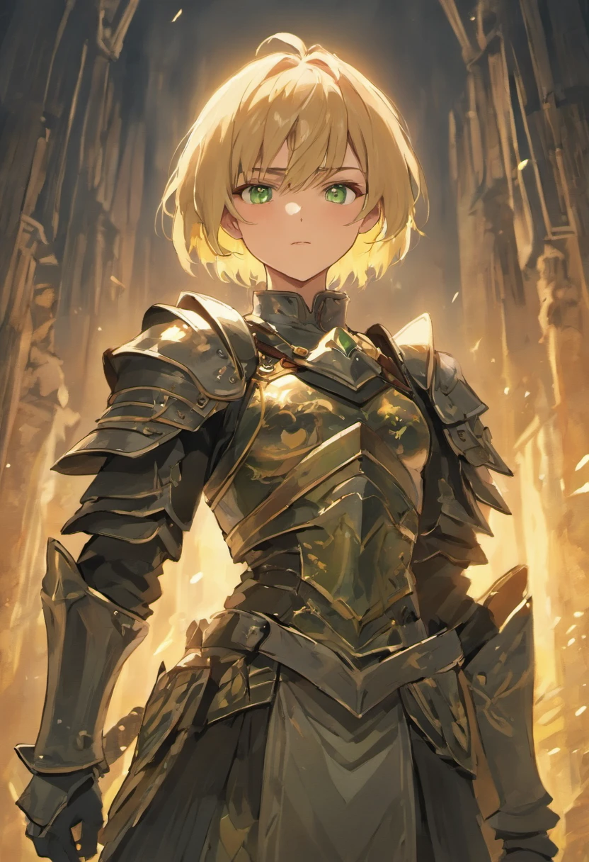 A warrior with short blond hair, green eyes, strong and tall, wears black plate armor, wielding a long sword in position and combat and a serious look. Anime art style, excellent quality, medieval city in the background, looking at the viewer, half-body, portrait
