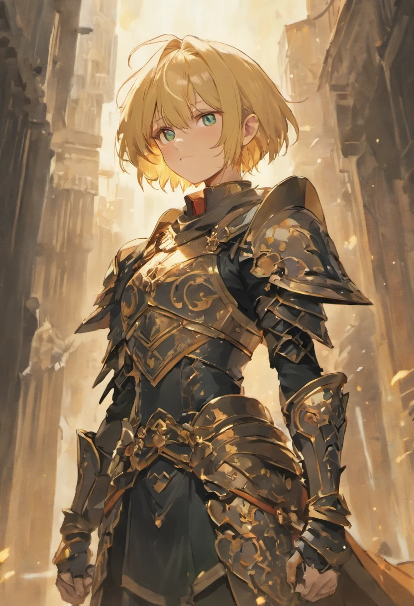 A warrior with short blond hair, green eyes, strong and tall, wears black plate armor, wielding a long sword in position and combat and a serious look. Anime art style, excellent quality, medieval city in the background, looking at the viewer, half-body, portrait