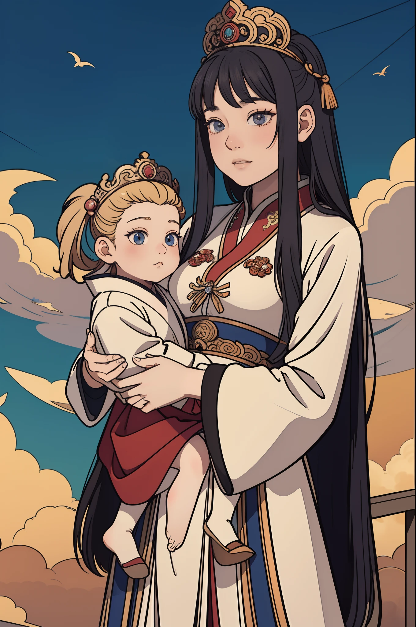 The beautiful 16-year-old Chinese queen holds a little prince wearing shavings in her arms, Walking, Straight eyes, radiating a brilliant aura, Rosary handle, Crown Team, (Systemic: 2.0), Stand in the cloud,