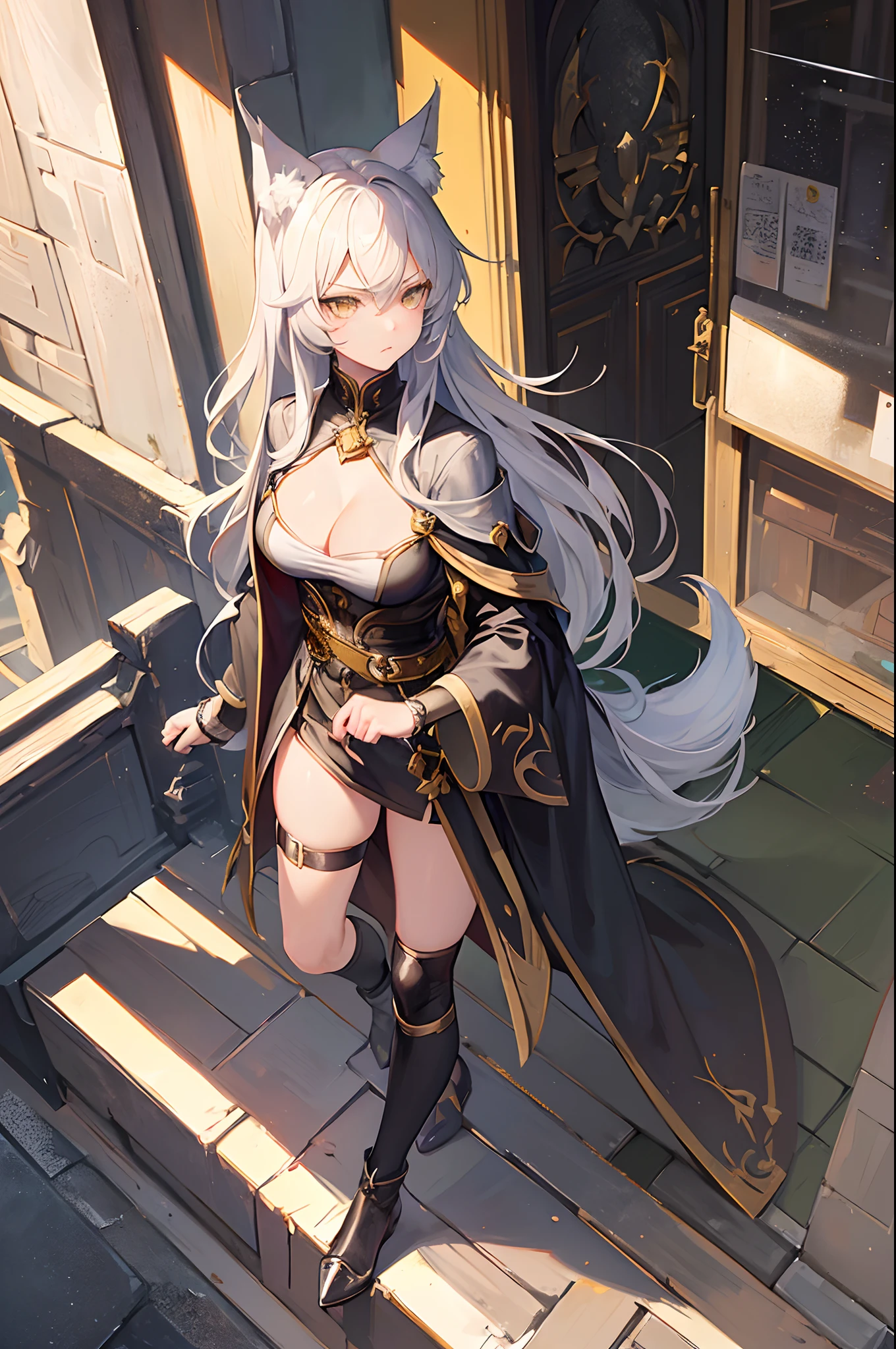(Masterpiece, best quality, beautiful eyes, highly detailed, high res, anime), 1 girl, wolf ears, wolf tail, yellow eyes, grey hair, Inquisitor, knight, faith, full body, sword, small breasts, cleavage, angry, prideful, sexy, mature woman,
