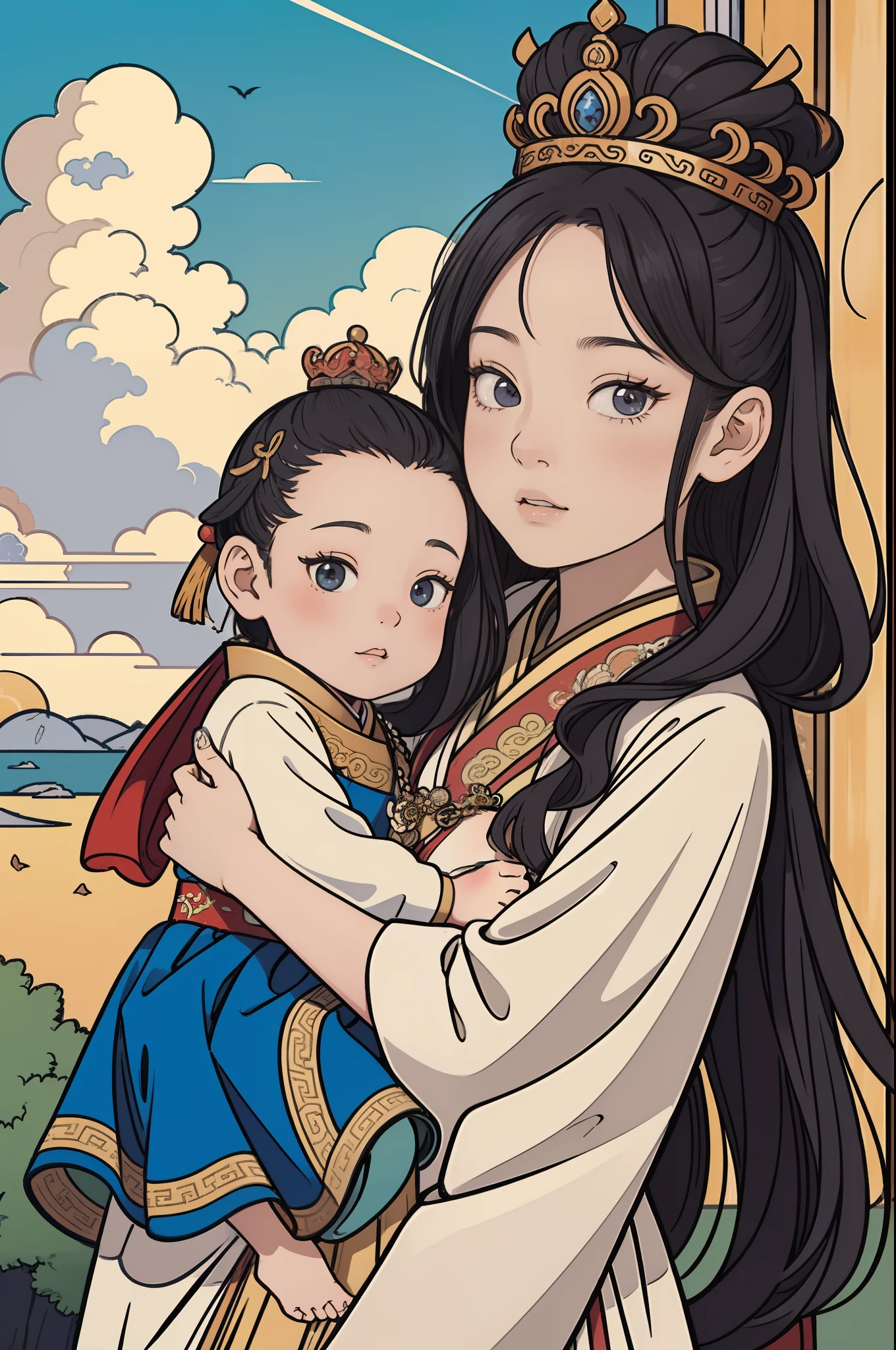 The beautiful 16-year-old Chinese queen holds a little prince wearing shavings in her arms, Walking, Straight eyes, radiating a brilliant aura, Rosary handle, Crown Team, (Systemic: 2.0), Stand in the cloud,