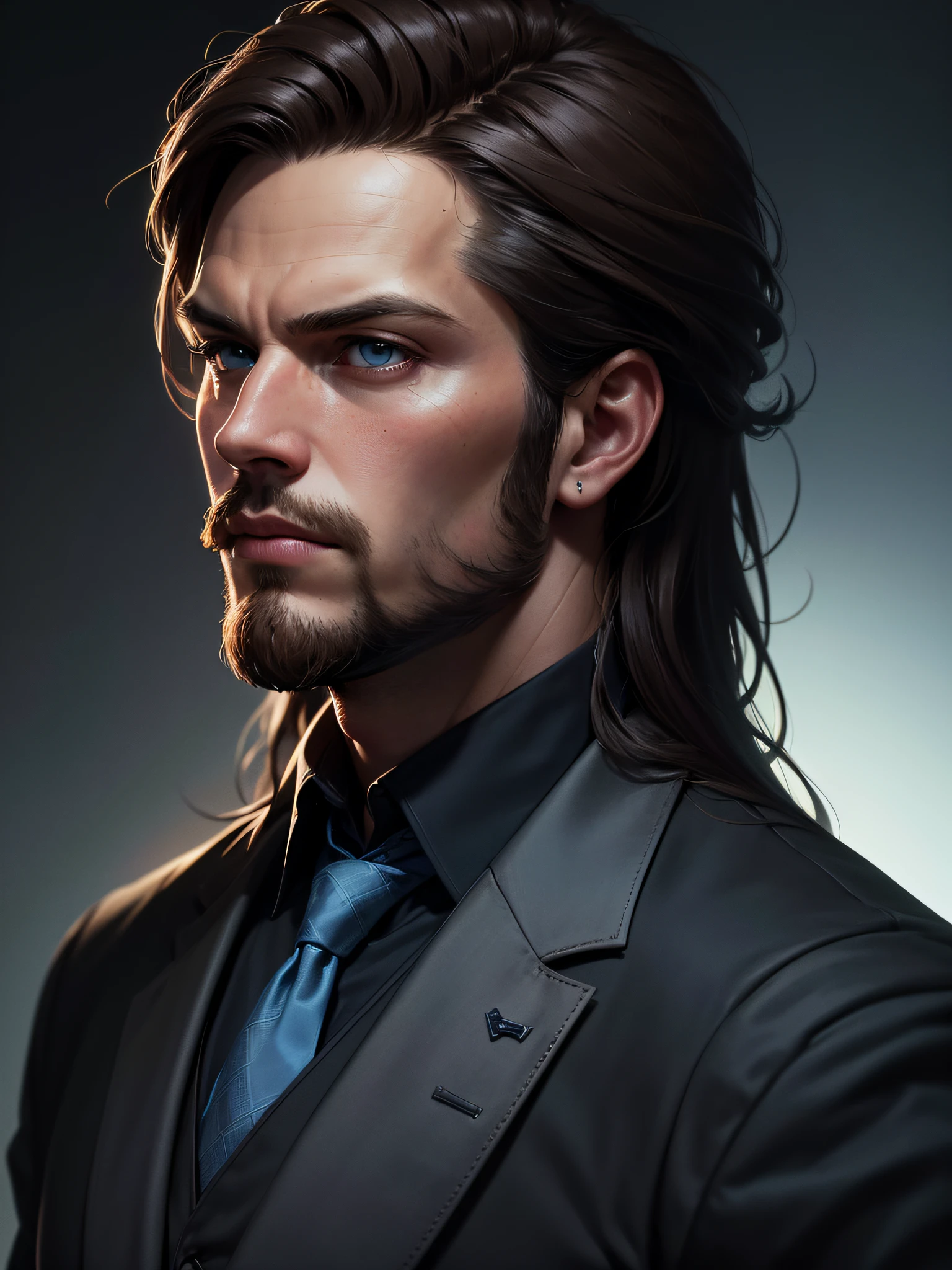 (Sam Heughan), (((one man))), ((social clothes)), ((wearing a formal shirt and blue tie with a black vest over it)), ((absurdres)), (masterpiece 1.3), (Sylas from League of Legends), (incredibly detailed), (highres:1.1), (high detailed skin:1.4), (high quality lighting), (skin texture), (UHD), (64K), (studio lighting), (photorealistic), (hyper realistic), (symmetric face), (unreal engine), (bokeh), (high resolution scan), (professional photograph), ((stunning handsome man)), ((short beard)), ((stoic)), ((stern looking)), (symmetrical eyes), (strong jawline), (blue eyes), (dark brown hair), (Long hair), (1man), (solo), (dark atmosphere)