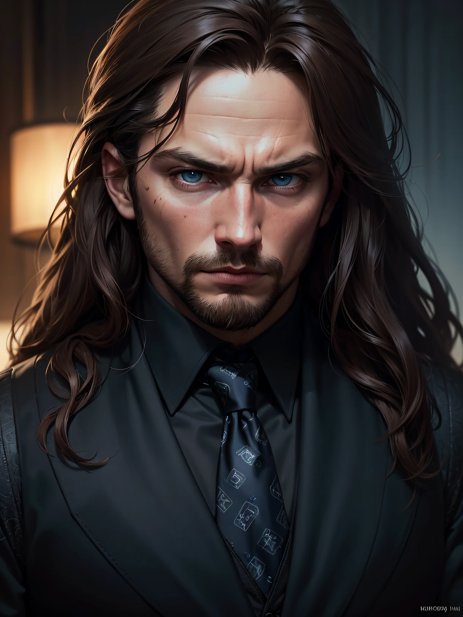 (Sam Heughan), (((one man))), ((social clothes)), ((wearing a formal shirt and blue tie with a black vest over it)), ((absurdres)), (masterpiece 1.3), (Sylas from League of Legends), (incredibly detailed), (highres:1.1), (high detailed skin:1.4), (high quality lighting), (skin texture), (UHD), (64K), (studio lighting), (photorealistic), (hyper realistic), (symmetric face), (unreal engine), (bokeh), (high resolution scan), (professional photograph), ((stunning handsome man)), ((short beard)), ((stoic)), ((stern looking)), (symmetrical eyes), (strong jawline), (blue eyes), (dark brown hair), (Long hair), (1man), (solo), (dark atmosphere)
