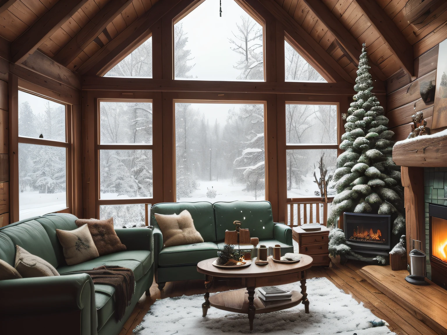 (best quality,2K wallpaper),wooden cabin,in the falling snow window,a fireplace,living room,vintage style,green sofa,with bread,cake,pinecone on the table,