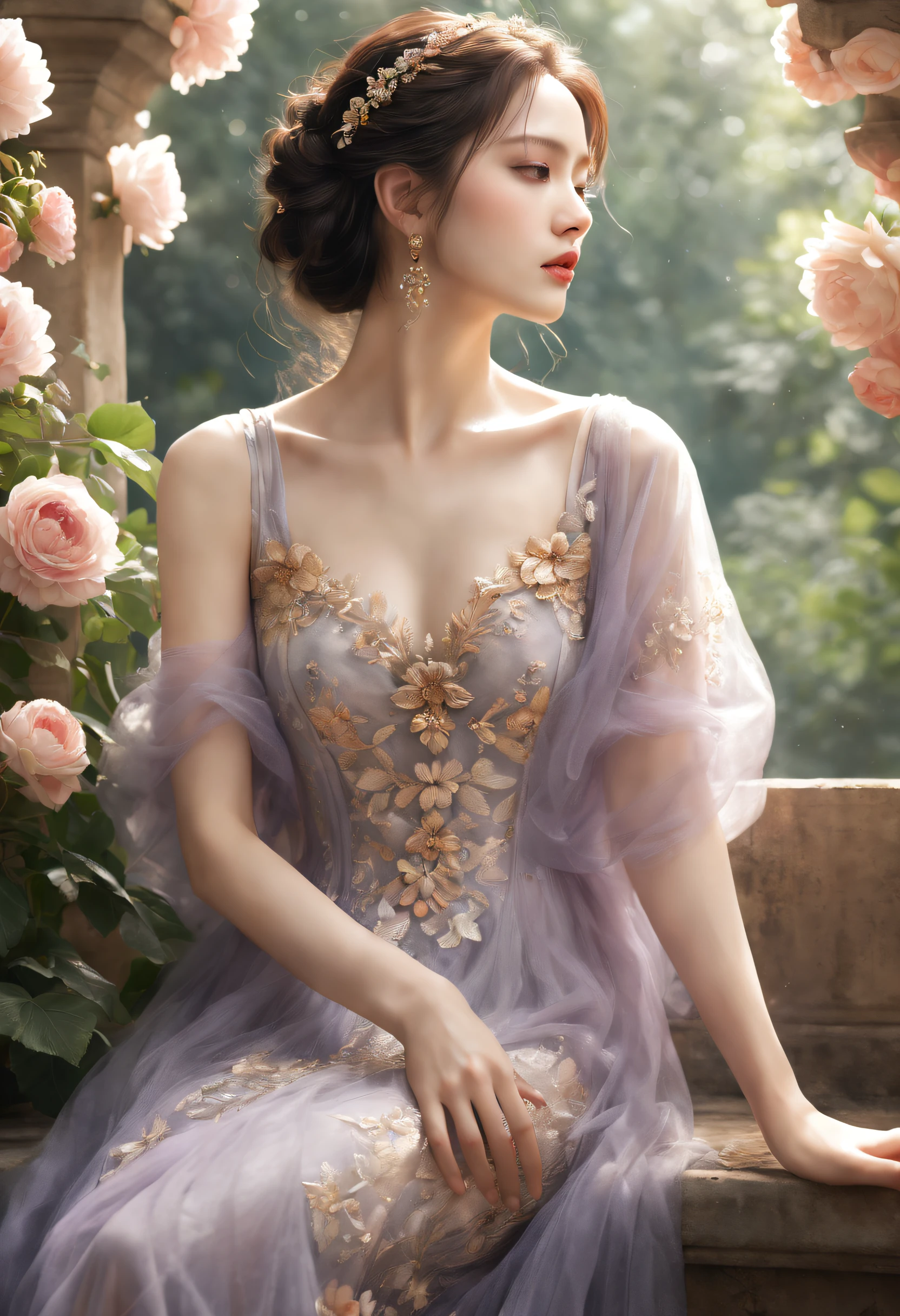 (Best quality,8K,A high resolution,Masterpiece:1.2),Ultra-detailed,(Realistic,Photorealistic,photo-realistic:1.37),Portrait,Creative style artwork,Historical,classical,Sophisticated,plethora of colors,Highly detailed,Soft lighting,luxurious environment,detailed gown,Vibrant flowers,detailed jewellery,Ethereal atmosphere,Elegant Pose,Graceful curves,Gold body proportions，Flowing hair,Breathtaking textile patterns,Harsh purple eyes,Delicate floral decoration,A dazzling array of crystal accessories,Mysterious and dreamy atmosphere,Impeccable attention to detail.