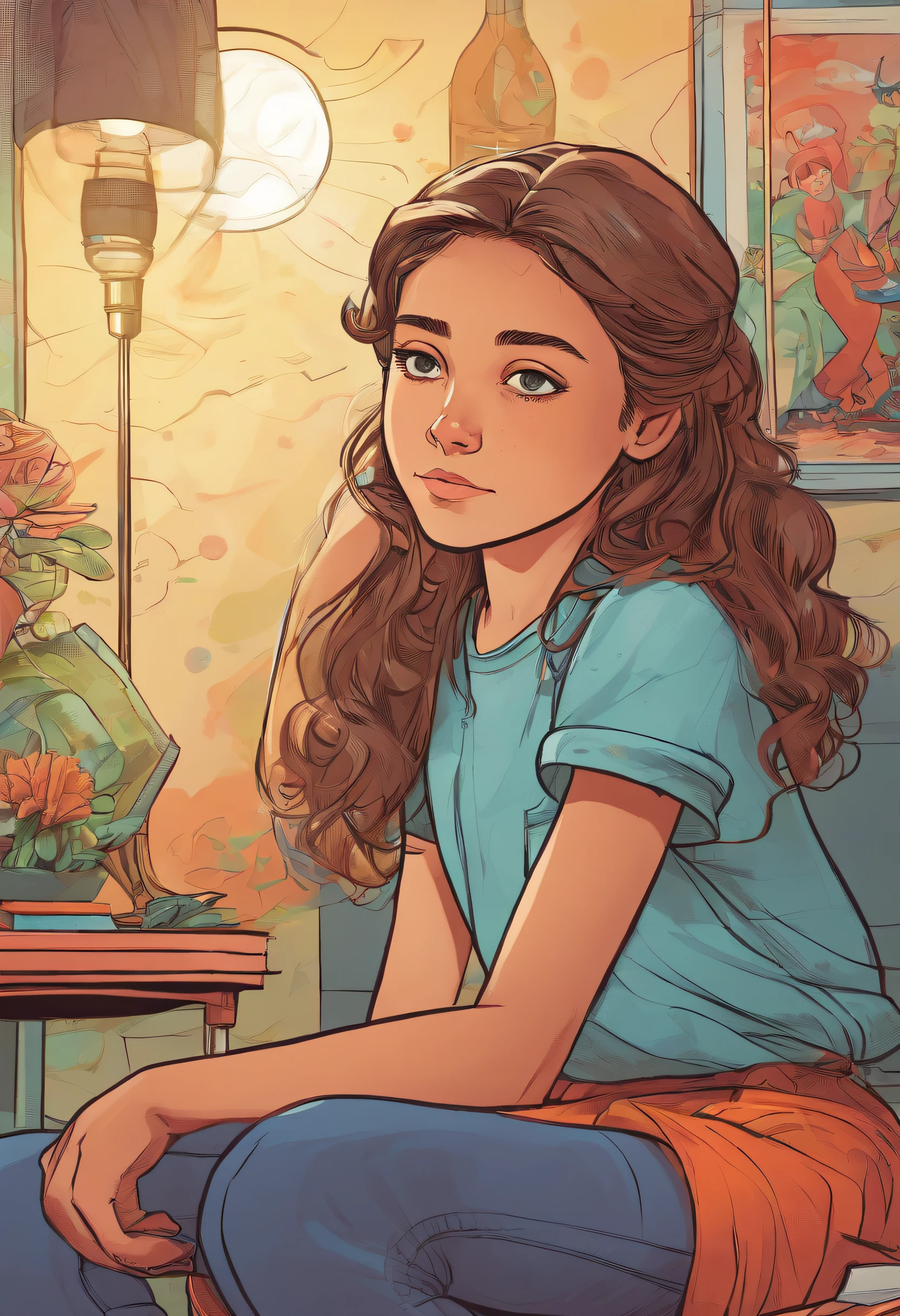 masterpiece, high quality portrait of a young girl of  y.o named Anna, sitting in her room. She is looking into the distance, with a thoughtful expression on her face.